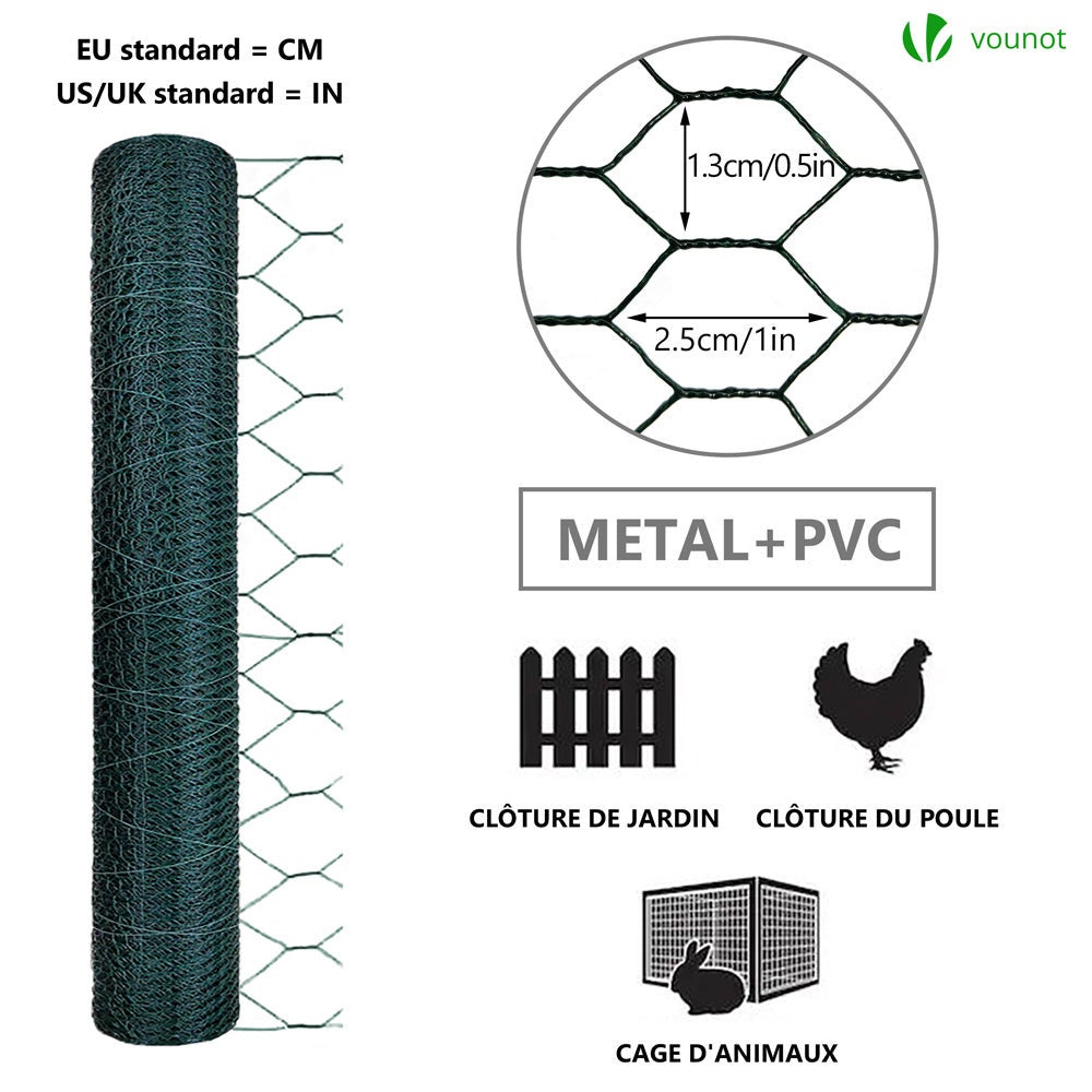 Grillage métallique gainé de PVC vert - Maille 13mm - 1x25M - Filet de clôture pour poulailler - VOUNOT® - 6