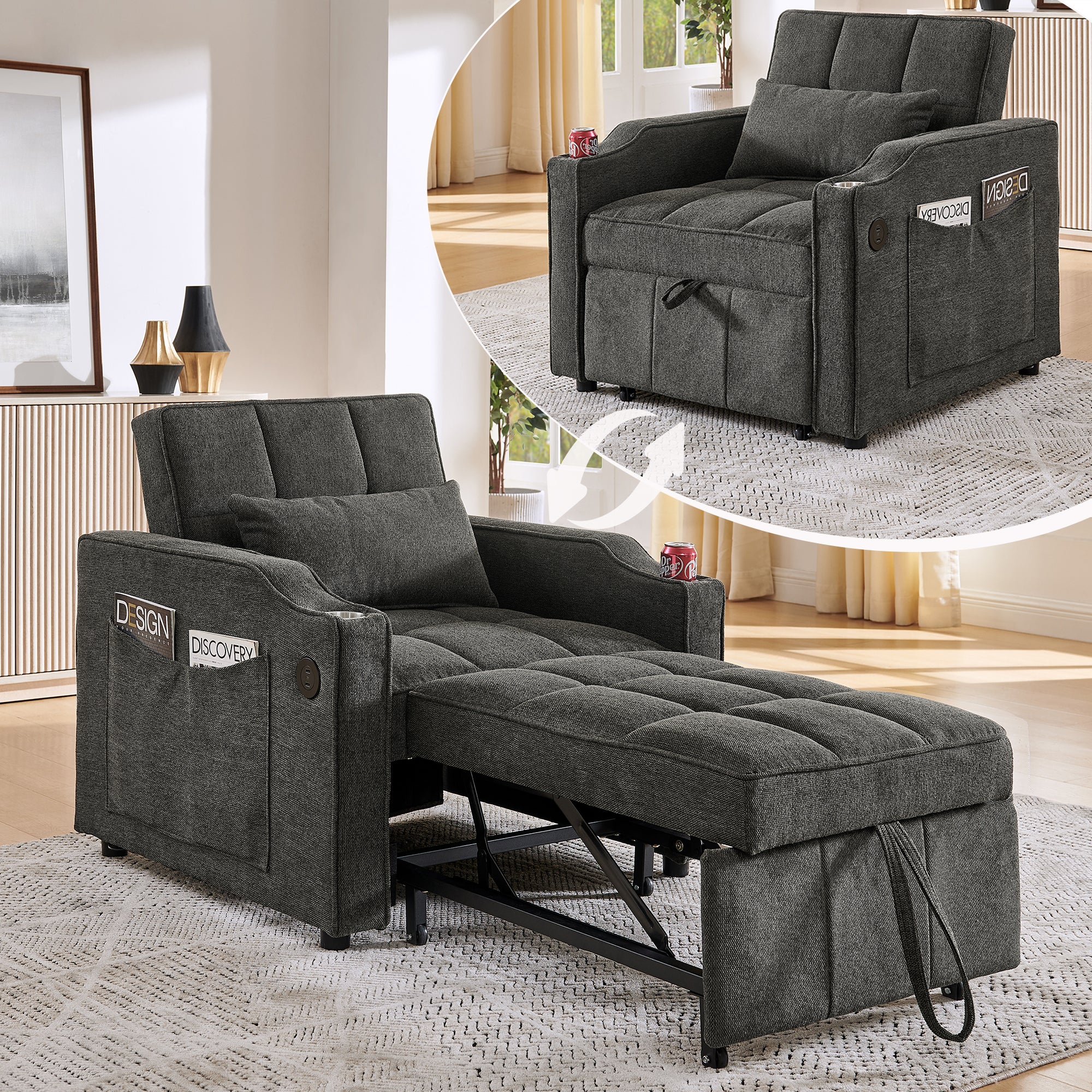 Rozkładana sofa 3 w 1 ze złączem USB/Type-C, rozkładana sofa (190 cm) z uchwytem na kubek ze stali nierdzewnej
