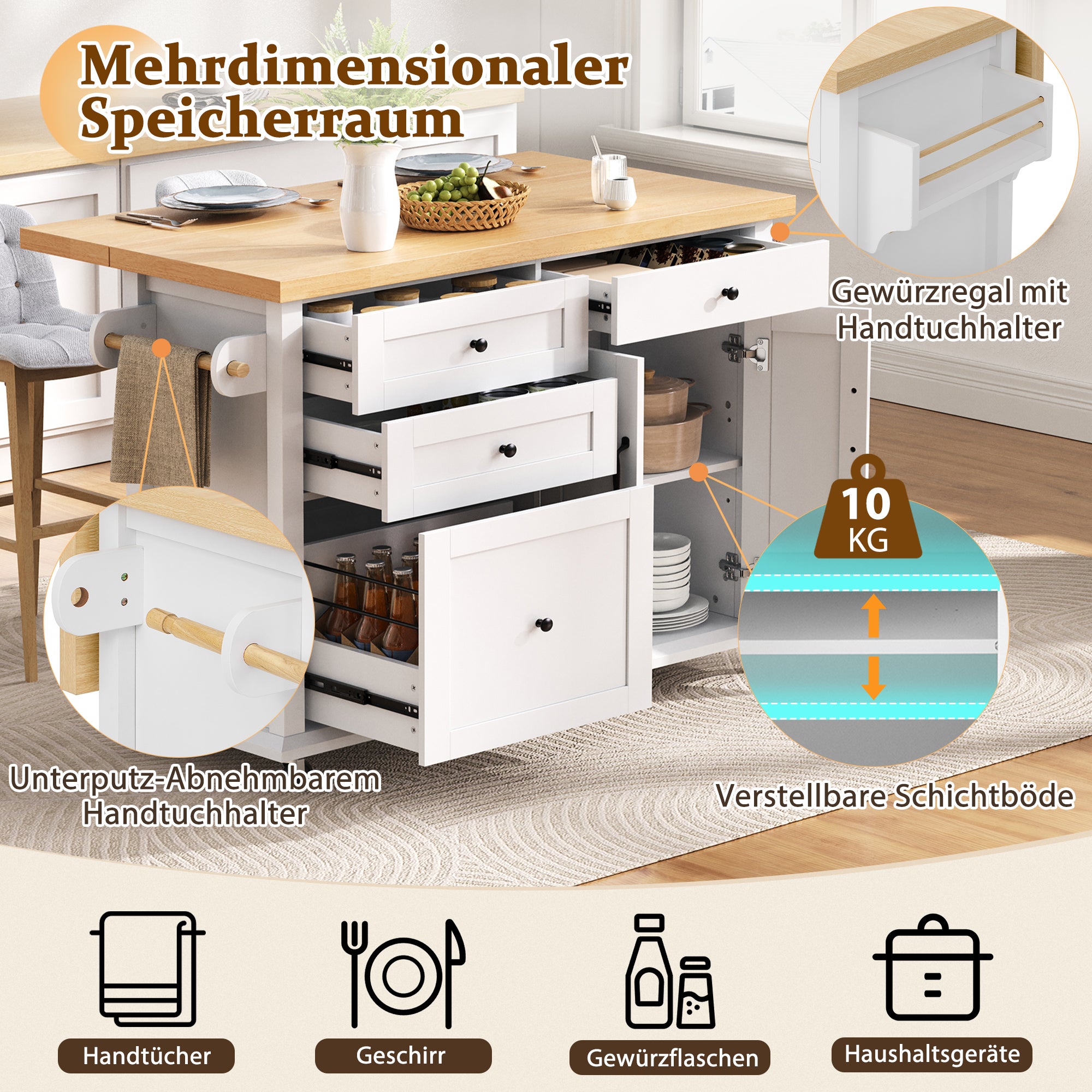 Mobilna wyspa kuchenna z 3 szufladami i 3 drzwiami - 107 x 45/70 x 90 cm - MDF - Rozkładany blat - Biały + naturalny - 7