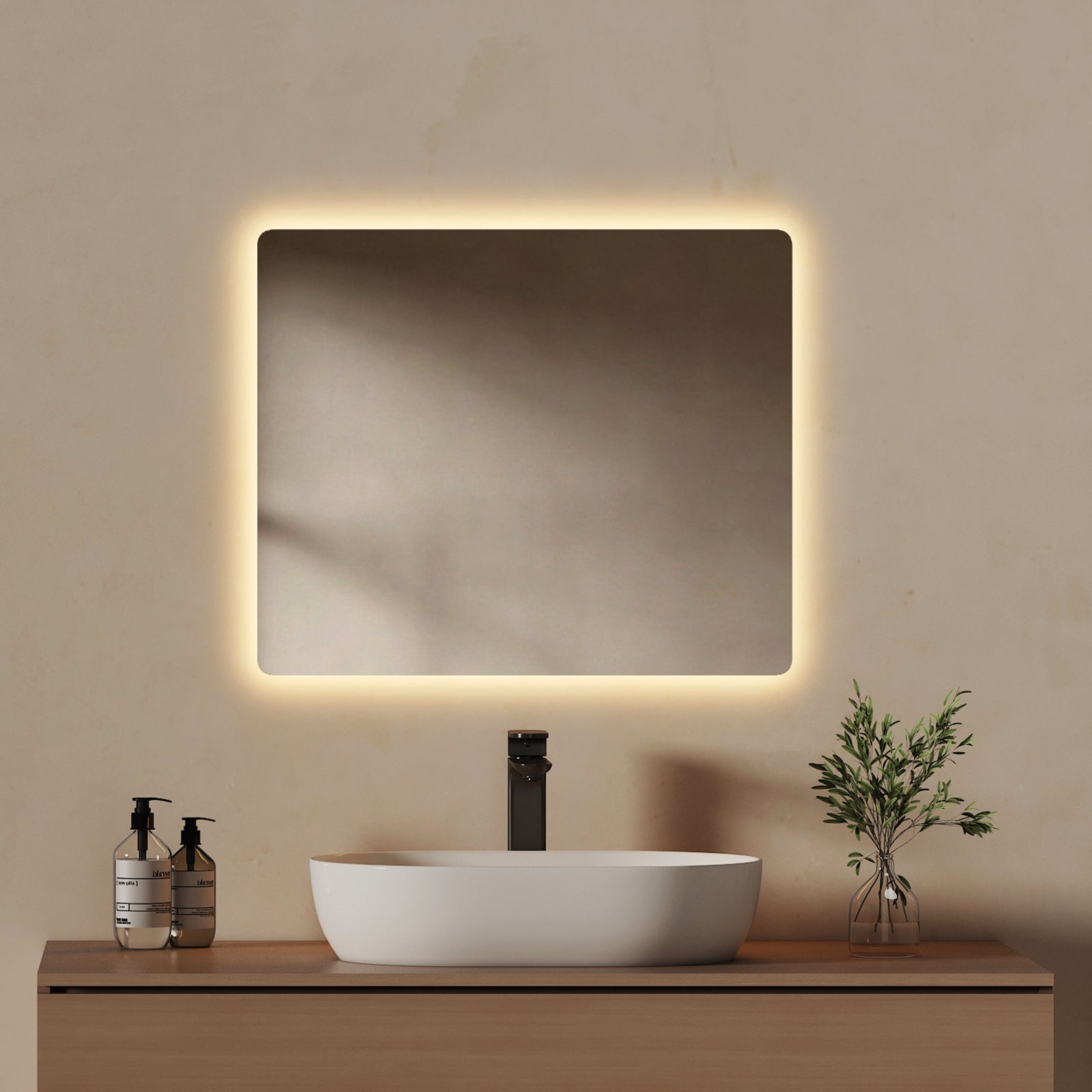 EMKE Lustro łazienkowe z oświetleniem LED 60x50 cm, z 3000/6500K, przeciwmgielne, funkcja pamięci, włącznikiem przyciskowym, bezramowe