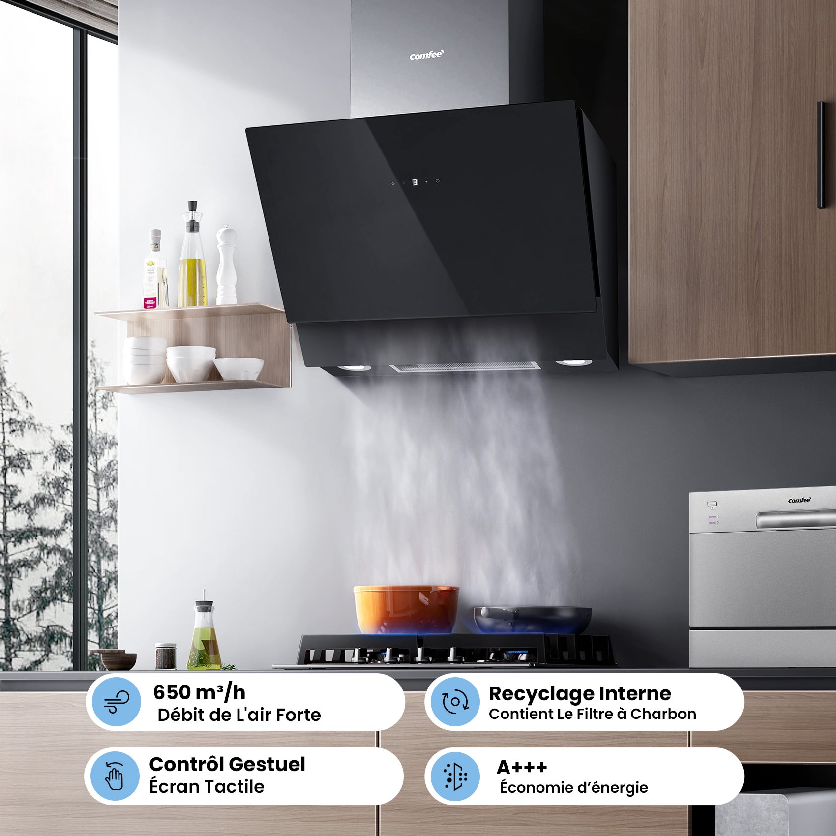 COMFEE Hotte Aspirante Inclinée 60cm - 650m³/h - Classe A+++ - Commandes Gestuelles - 4 vitesses - 2*1.5W LED - 2 Filtres - Verre Noir - 2