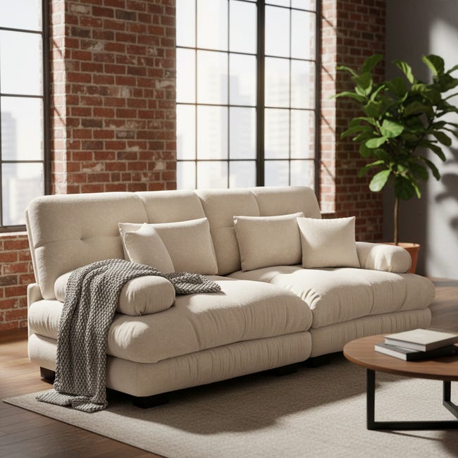 URBAN MEUBLE Canapé 3 places modulable en chenille beige avec coussins ...