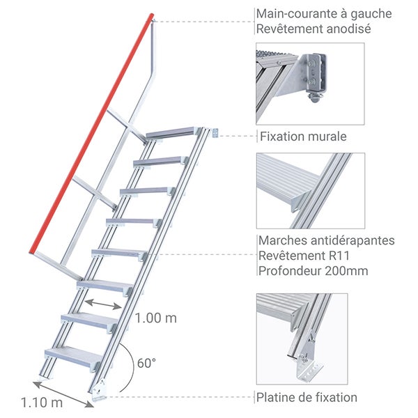 Escalier industriel 7 marches - Hauteur à franchir 1.75m - Inclinaison 60° - Main-courante à gauche - 22101007 - 3