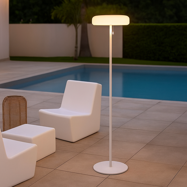 DekoArte - Lámpara de pie LED solar 3W exterior recargable y regulable – Blanca – Ø30 cm altura 150 cm – Jardín o terraza
