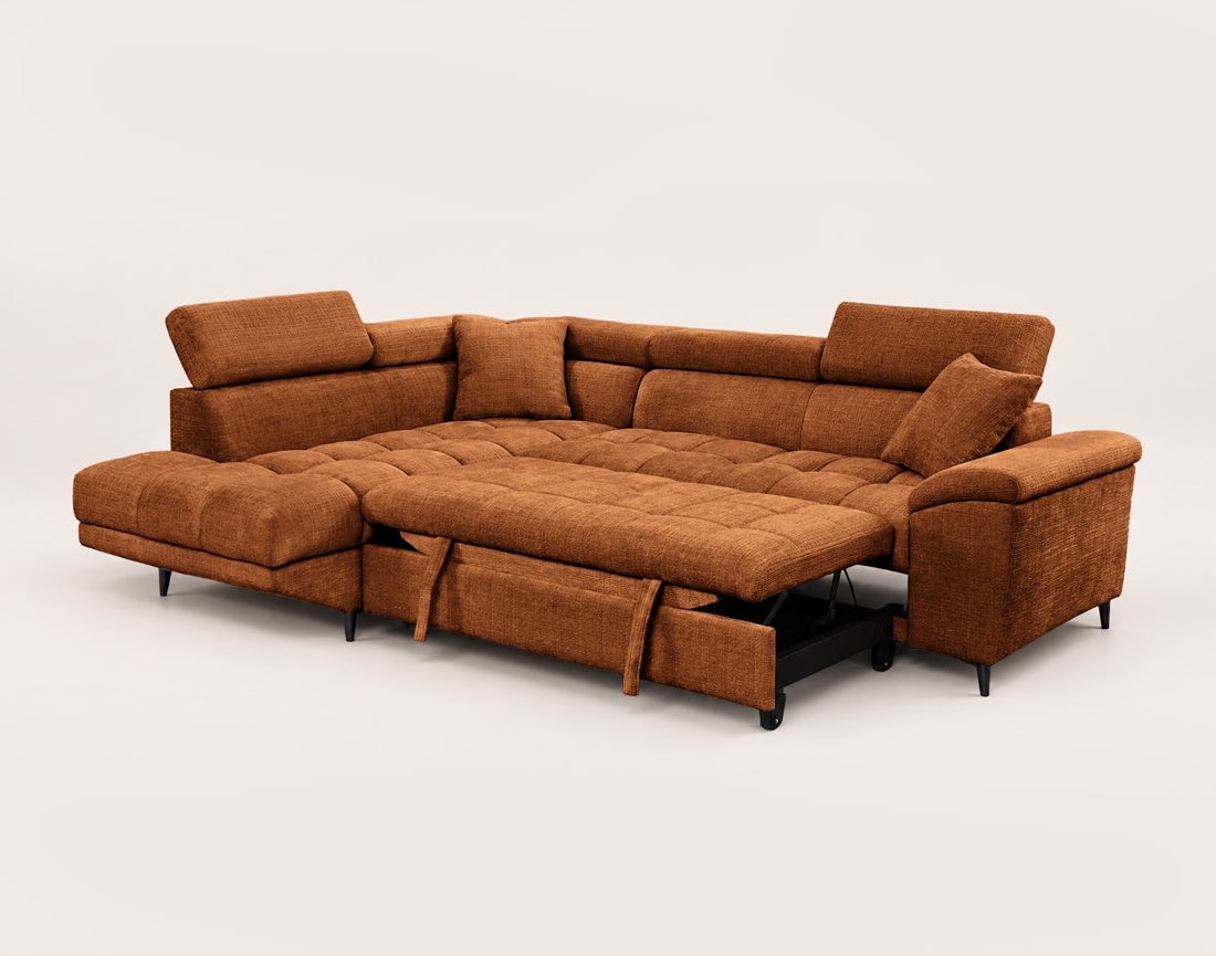 Canapé d'angle 5 places convertible coffre velours texturé Terracotta ...