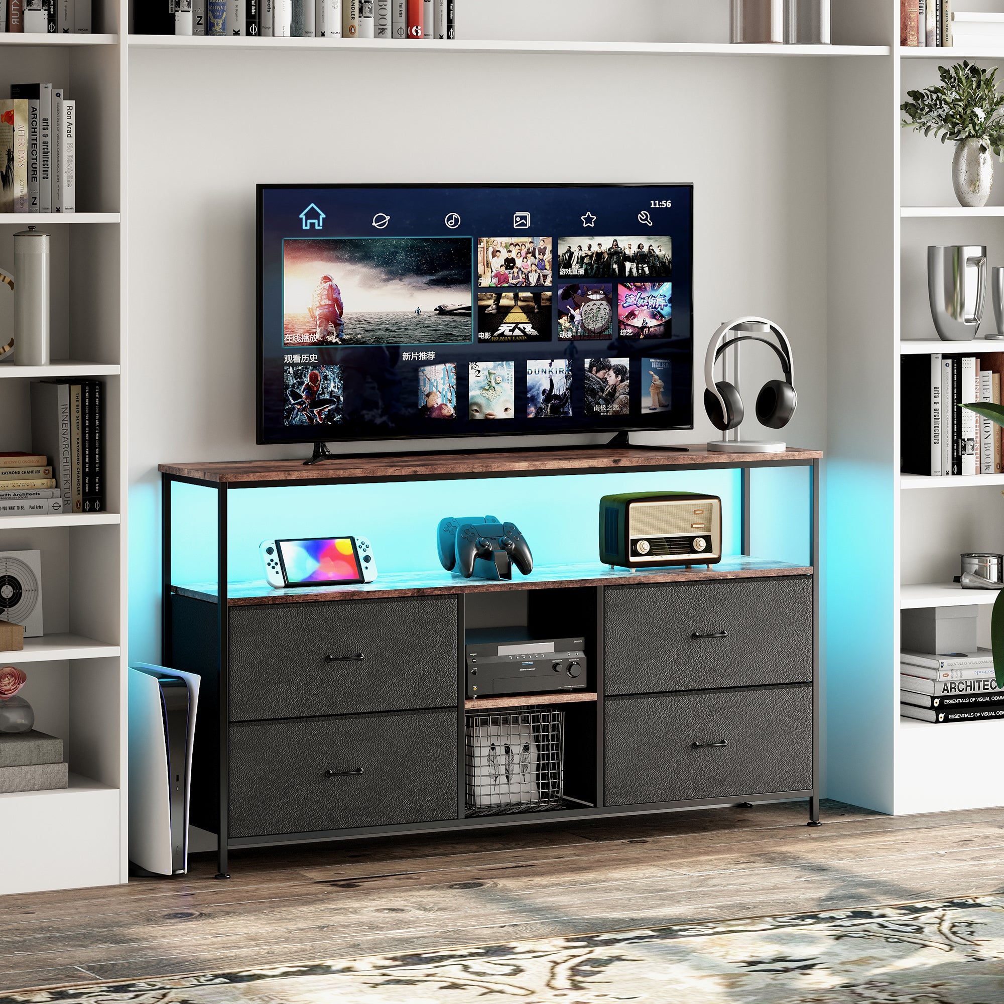 Buffet 137 Cm Avec Éclairage LED, 4 Tiroirs, Pieds Réglables, Support ...