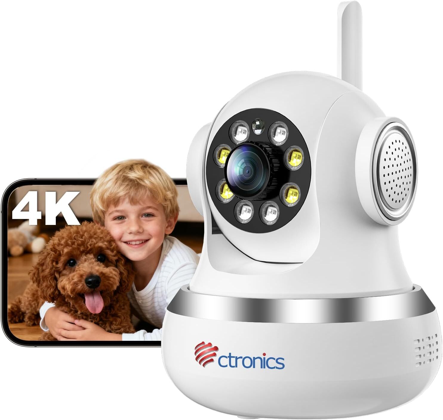 Ctronics Wewnętrzna Kamera Monitoringu 4K WiFi 2,4/5GHz – Automatyczne Śledzenie, Kolorowe Widzenie Nocne, Alarm Dźwiękowy i Świetlny, Aplikacja i PC