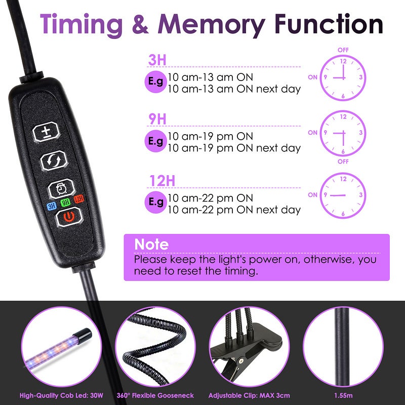 Grow Light, lampada per piante a clip regolabile per orticoltura a spettro completo da 60 LED - 5