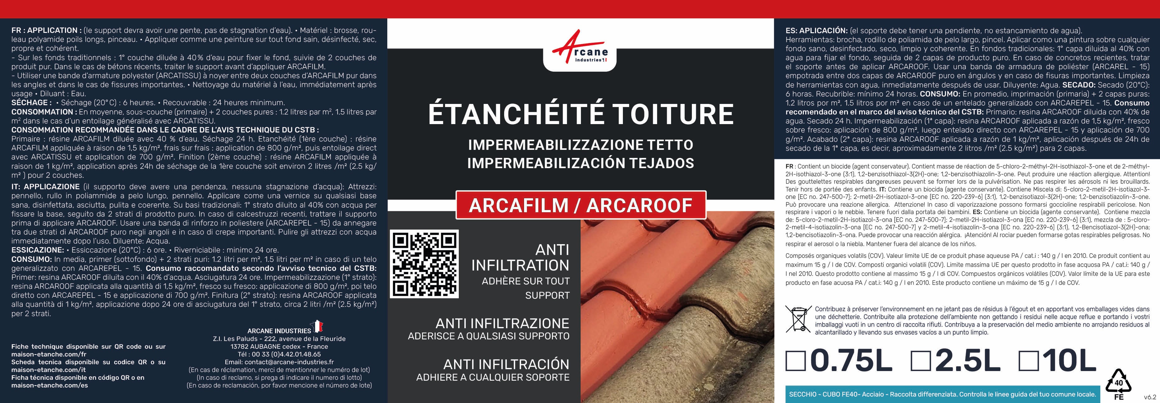 Étanchéité Toiture, Résine d'étanchéité colorée : ARCAFILM Ardoise - 10 L - ARCANE INDUSTRIES - 10