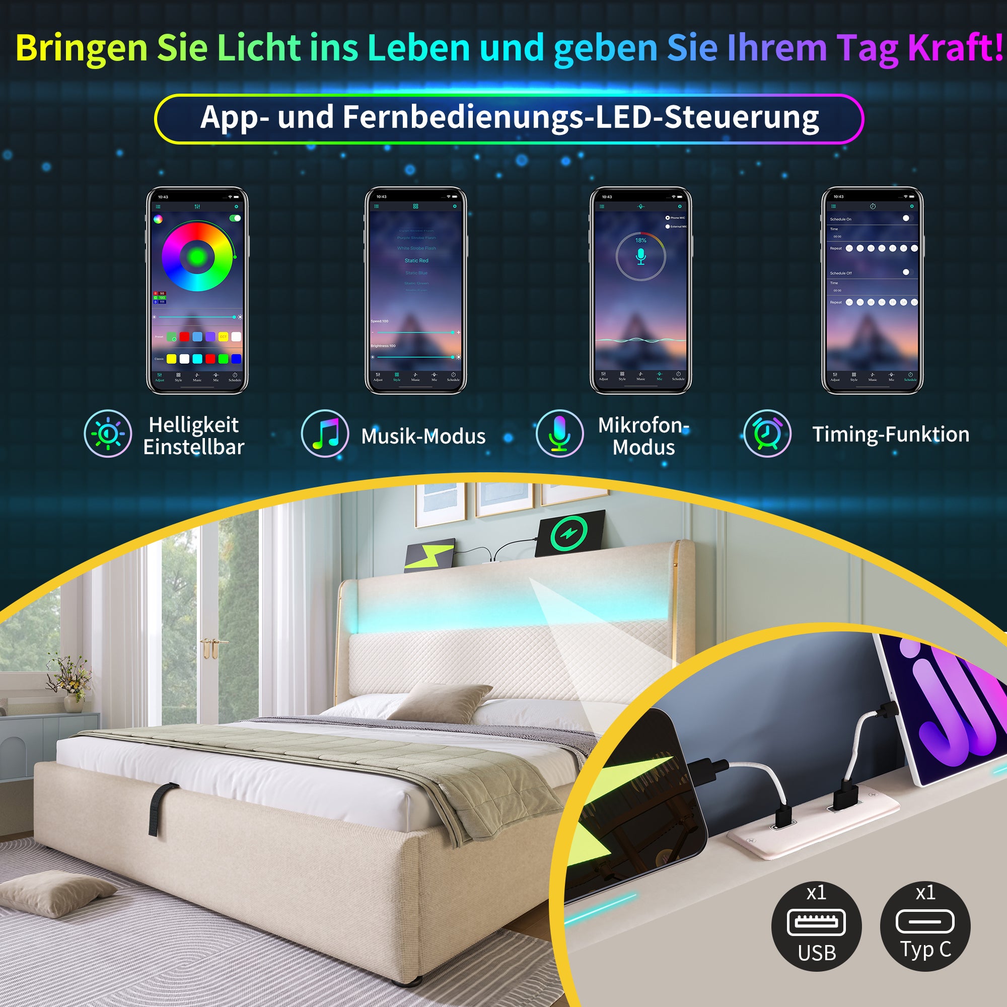 Łóżko tapicerowane 140x200cm, łóżko małżeńskie z oświetleniem LED, schowkiem i portami USB/Type-C, len, beż, bez materaca - 3