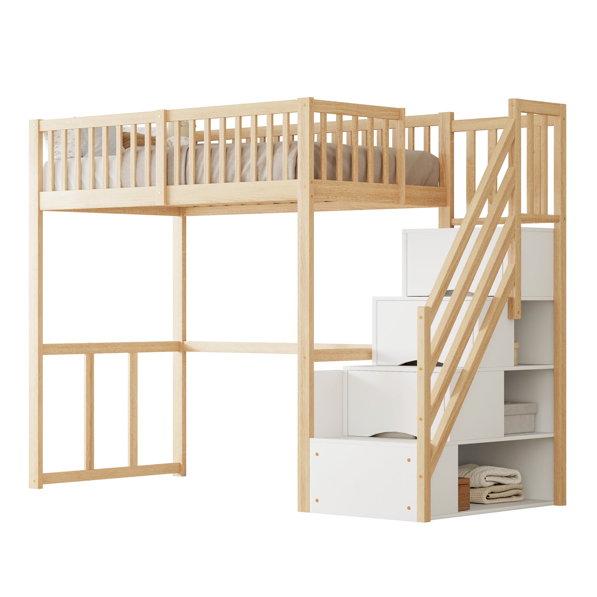 Lit mezzanine 90x200cm en bois massif - avec escalier de rangement - Naturel - 4