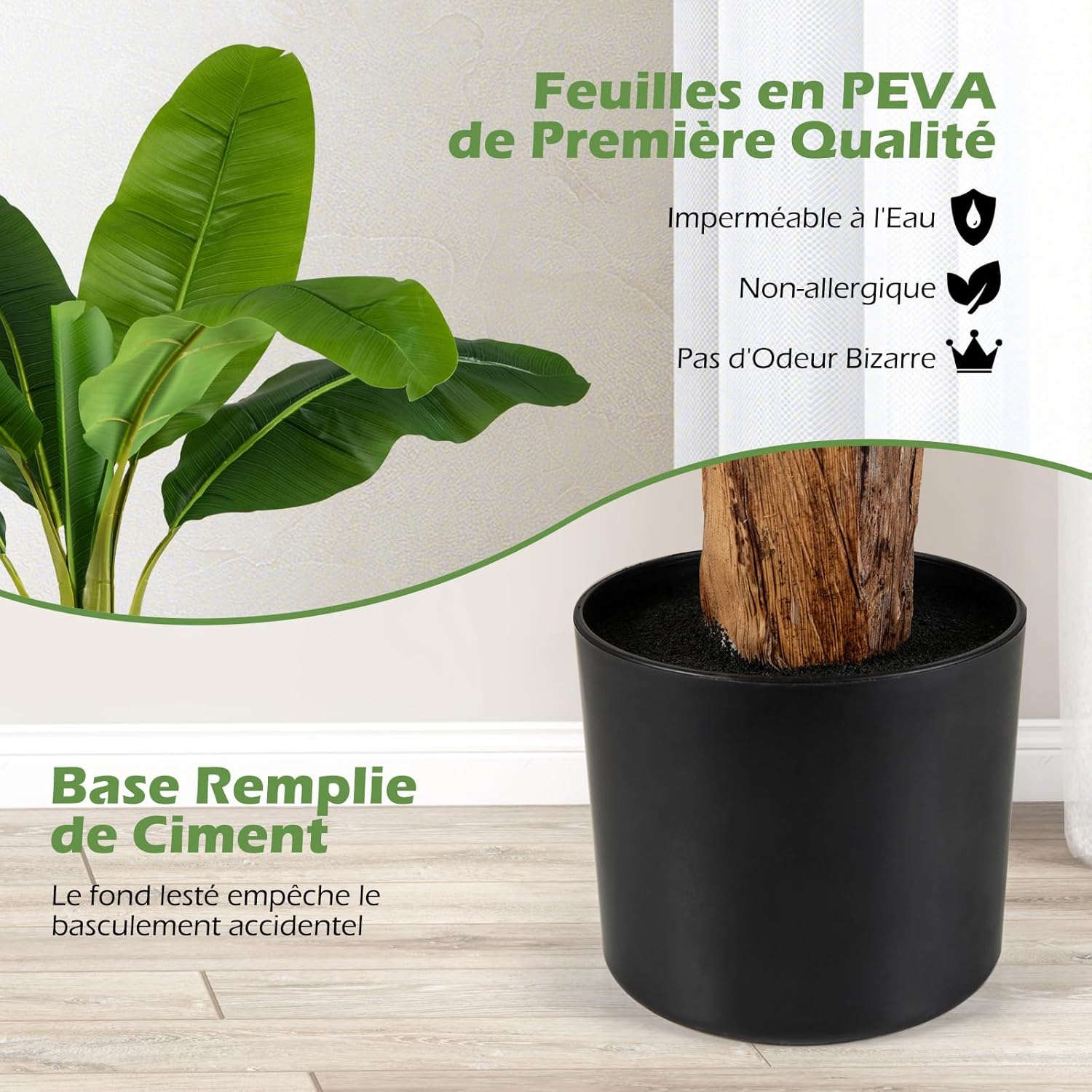 Conjunto de 2 árvores artificiais de ave-do-paraíso de 107 cm, plantas artificiais com folhas de bananeira com vaso e ramos ajustáveis para casa ou al - 7