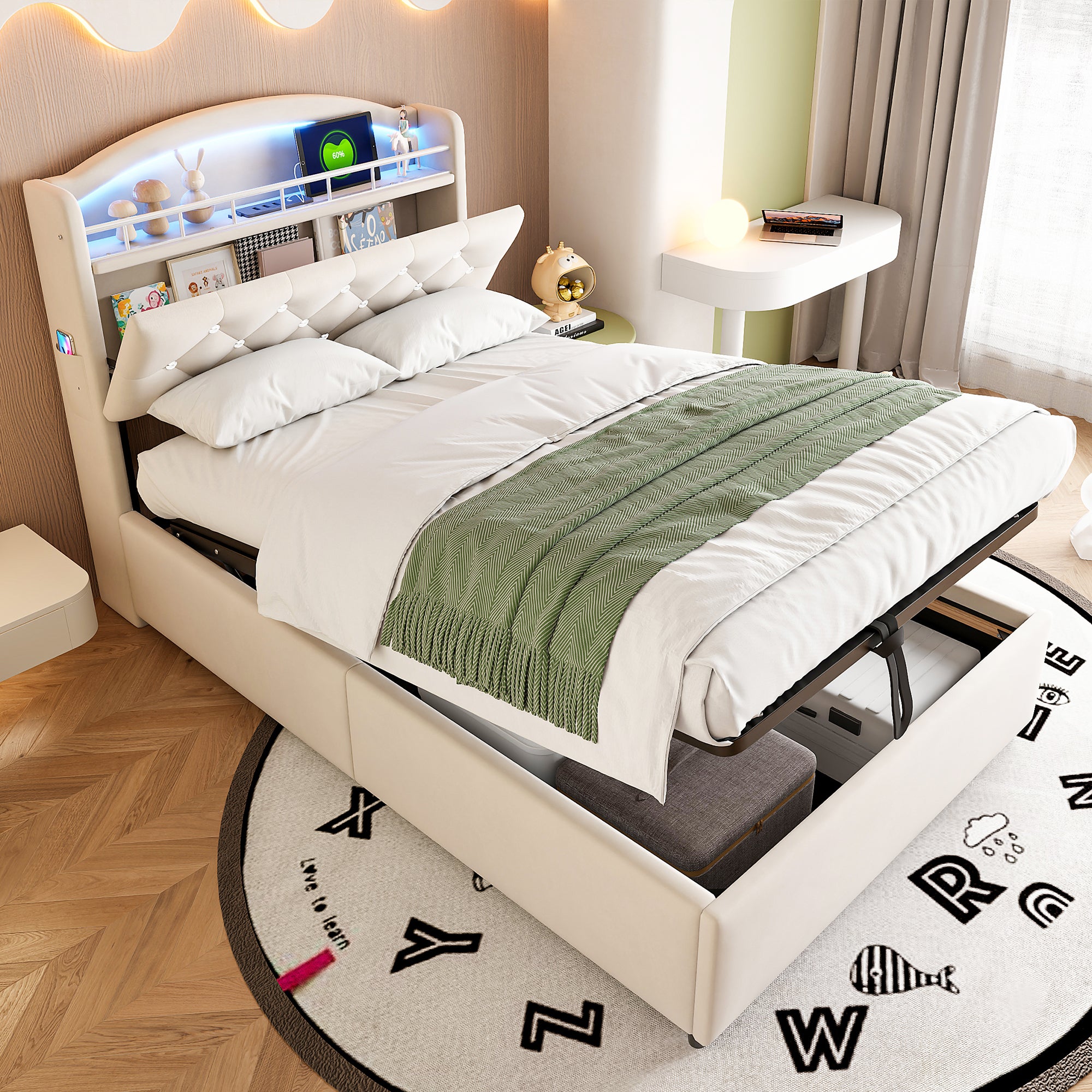 Sofa polstery dla dzieci 90x200 z LED i USB, beżowy, z magazynowaniem