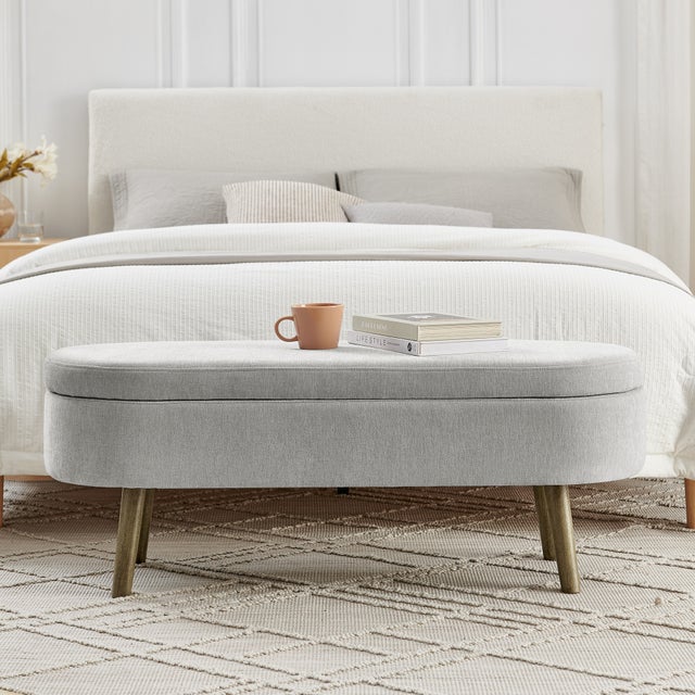 Banco com espaço de armazenamento, baú de 20 litros, tampa oval hidráulica, pés em madeira chenille, cinza, 110 × 40 × 42 cm