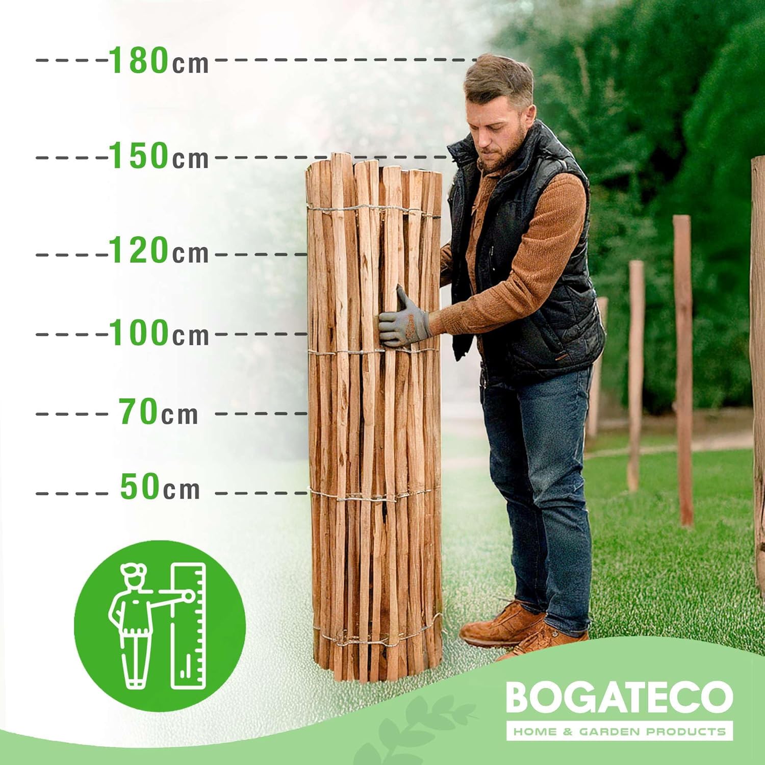 BOGATECO Clôture à piquets noisette châtaignier | Clôture en bois de 120 cm de haut et 500 cm de long | Espacement des lattes 7-8 cm | Durable - 6