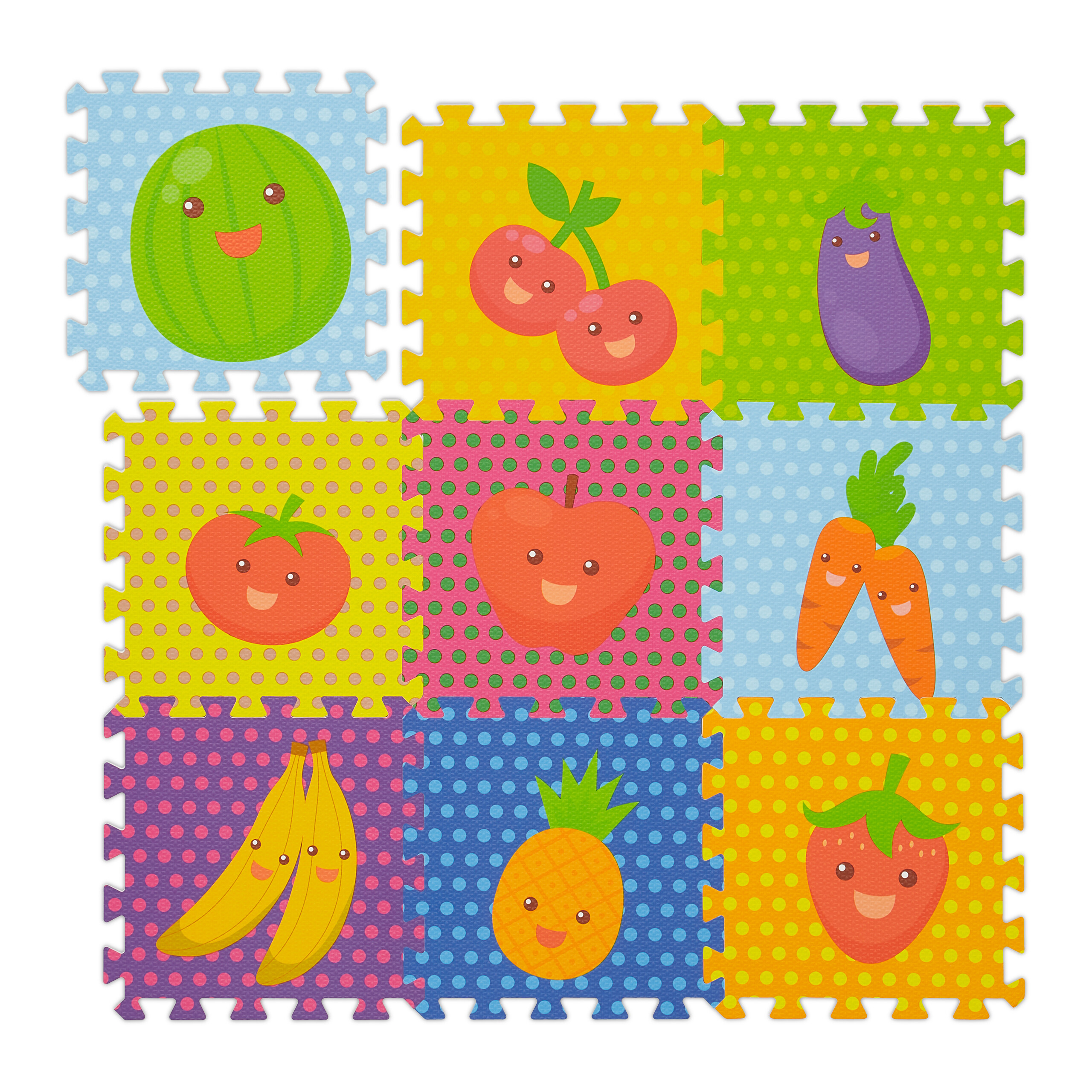 Relaxdays alfombra puzle frutas, colchoneta juego 9 piezas, libre de tóxicos, suelo bebé goma eva, 86x86cm, multicolor