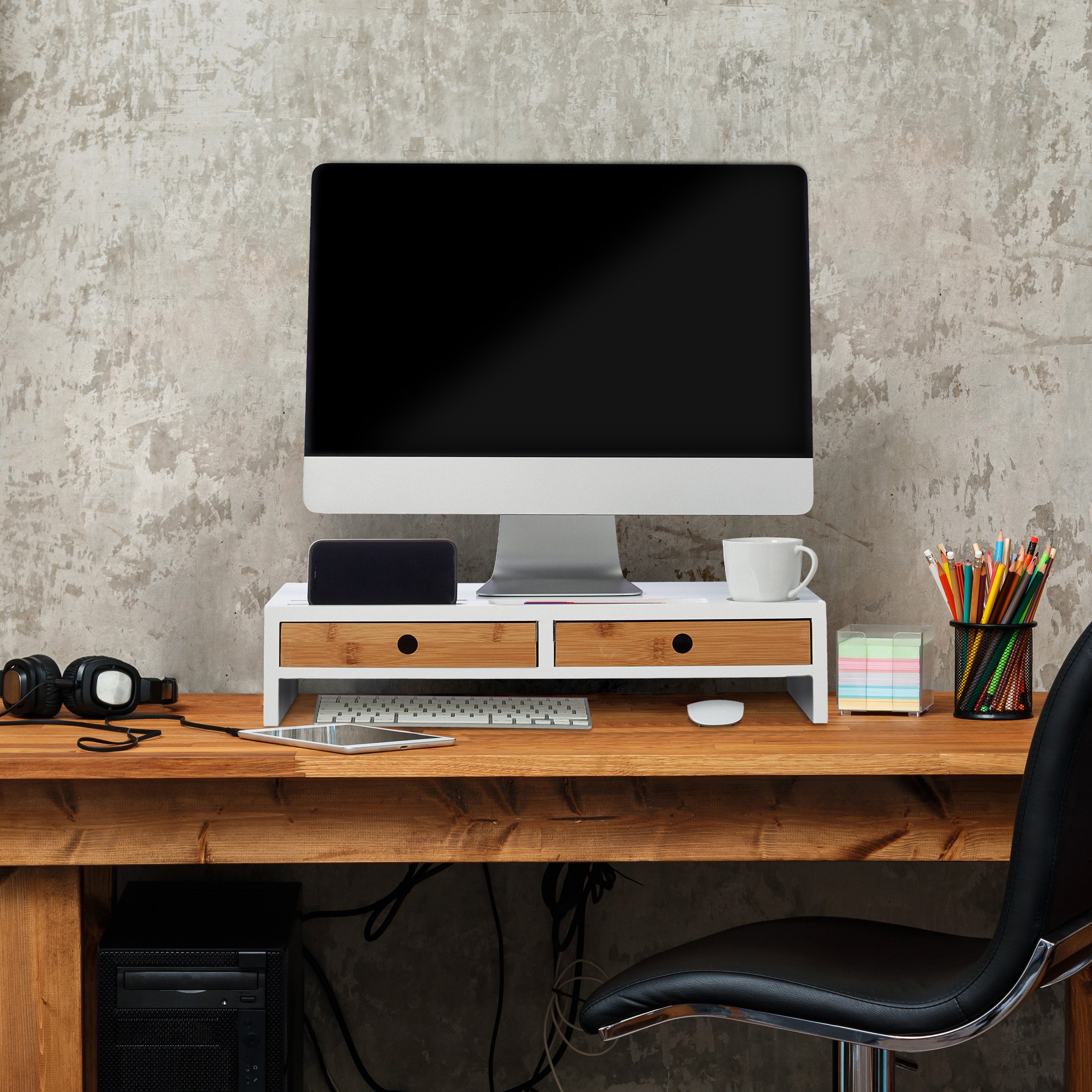 Supporto Monitor Scrivania Relaxdays Supporto Per Monitor, Rialzo Per Schermo Con 4 Scomparti E 2 Cassetti Stand Hlp 12x56x27 Cm Bianco Naturale 85216356 Staffa Doppio Monitor - 11