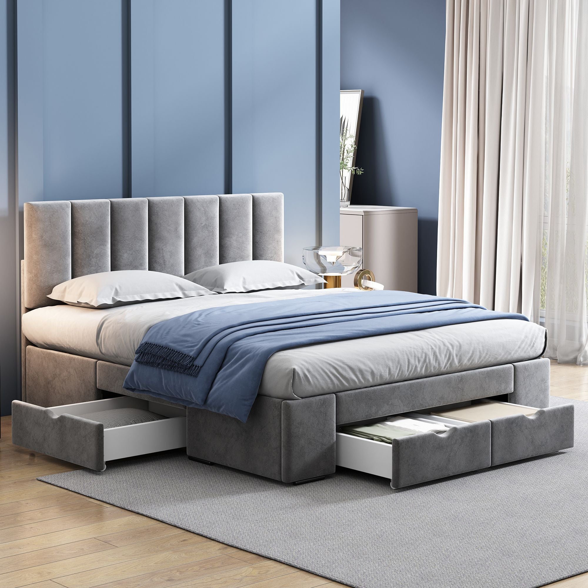 Cama estofada de veludo de 140 x 200 cm com base de ripas, com encosto, com 4 gavetas, cinzenta - 4