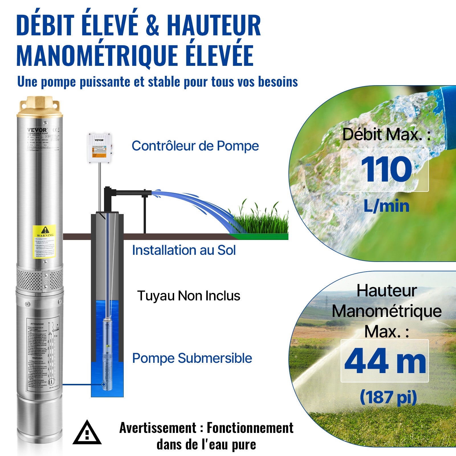 Pompe Immergée Puits Profond 370W - Débit 1000 L/h, Hauteur Max 55m, Silencieuse, IP65 | Pour Irrigation, Industrie