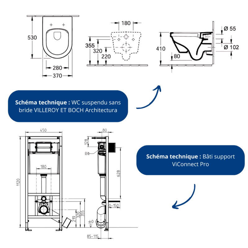 Pack WC sans bride VILLEROY ET BOCH Architectura avec abattant + bâti-support sol et mur Viconnect PRO + plaque chromée mat - 5