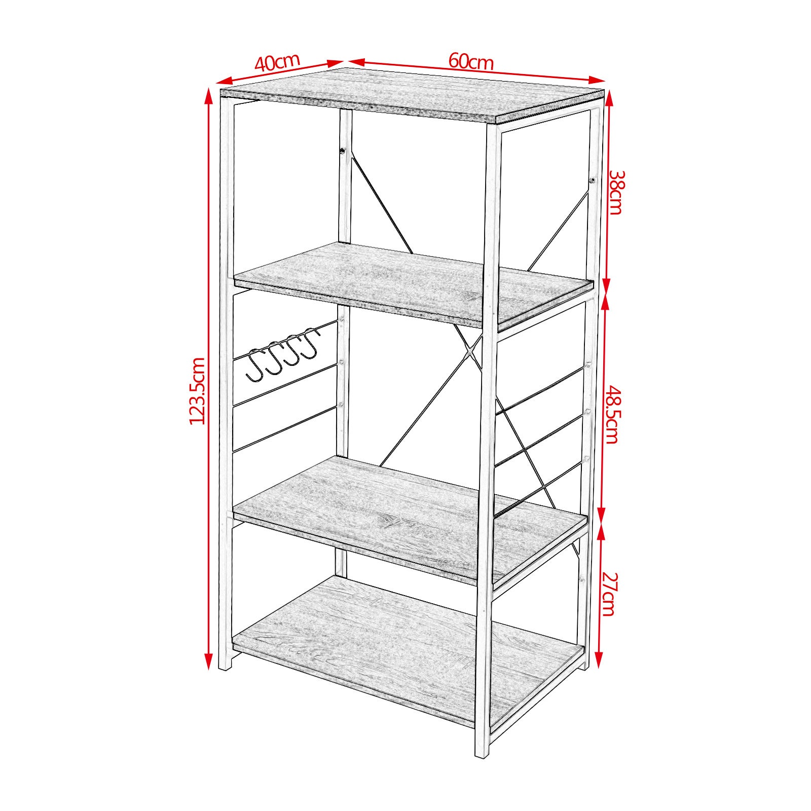 WOLTU Etagère four à Micro-ondes. Etagère de cuisine en bois et acier. 4 Niveaux. 60x40x123.5 cm. Noir+chêne clair - 4