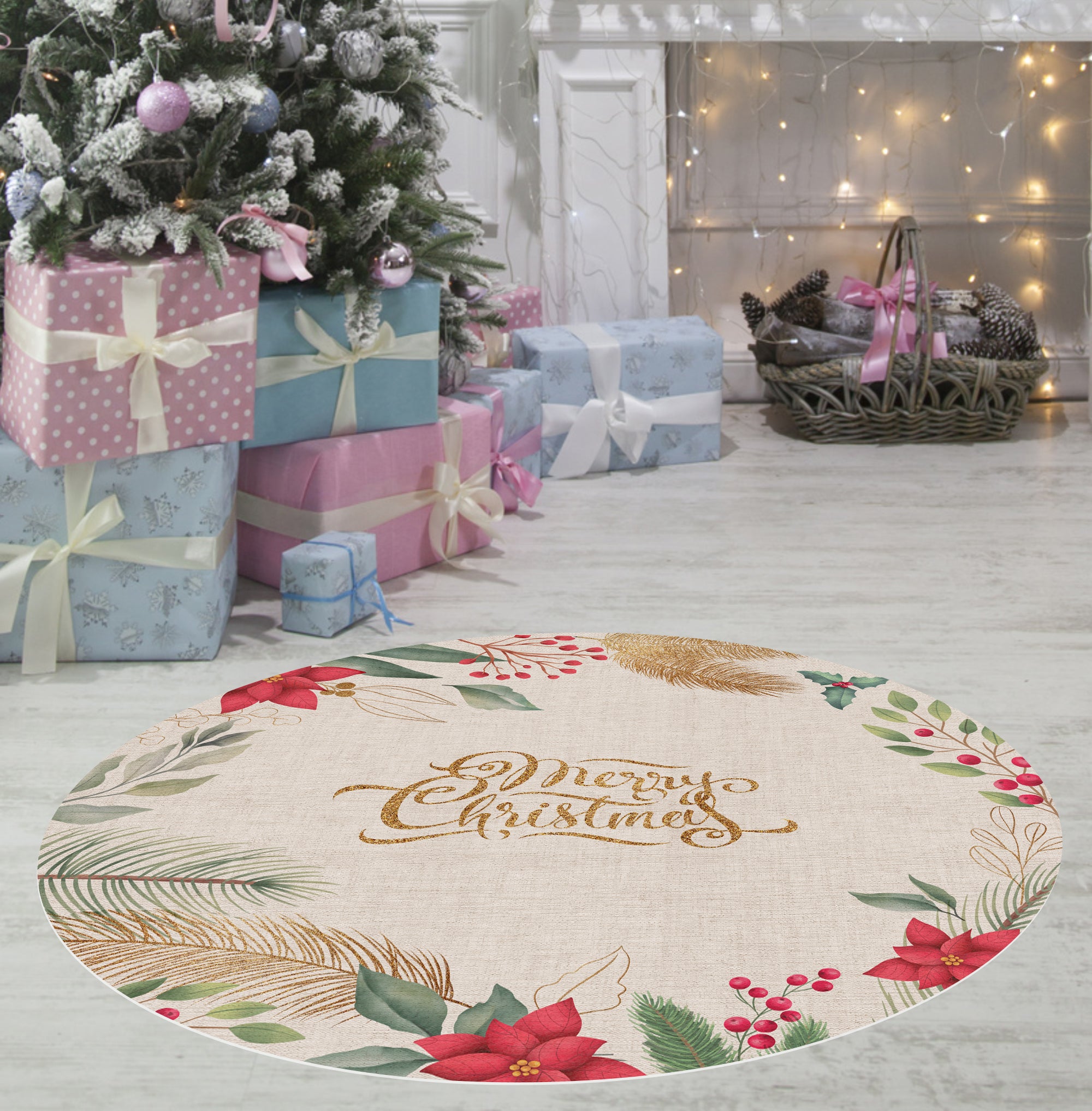 Alfombra de vinilo corona de flores de navidad [diam] 95 cm - pvc antideslizante, impermeable, lavable, ignífuga, estilo navidad