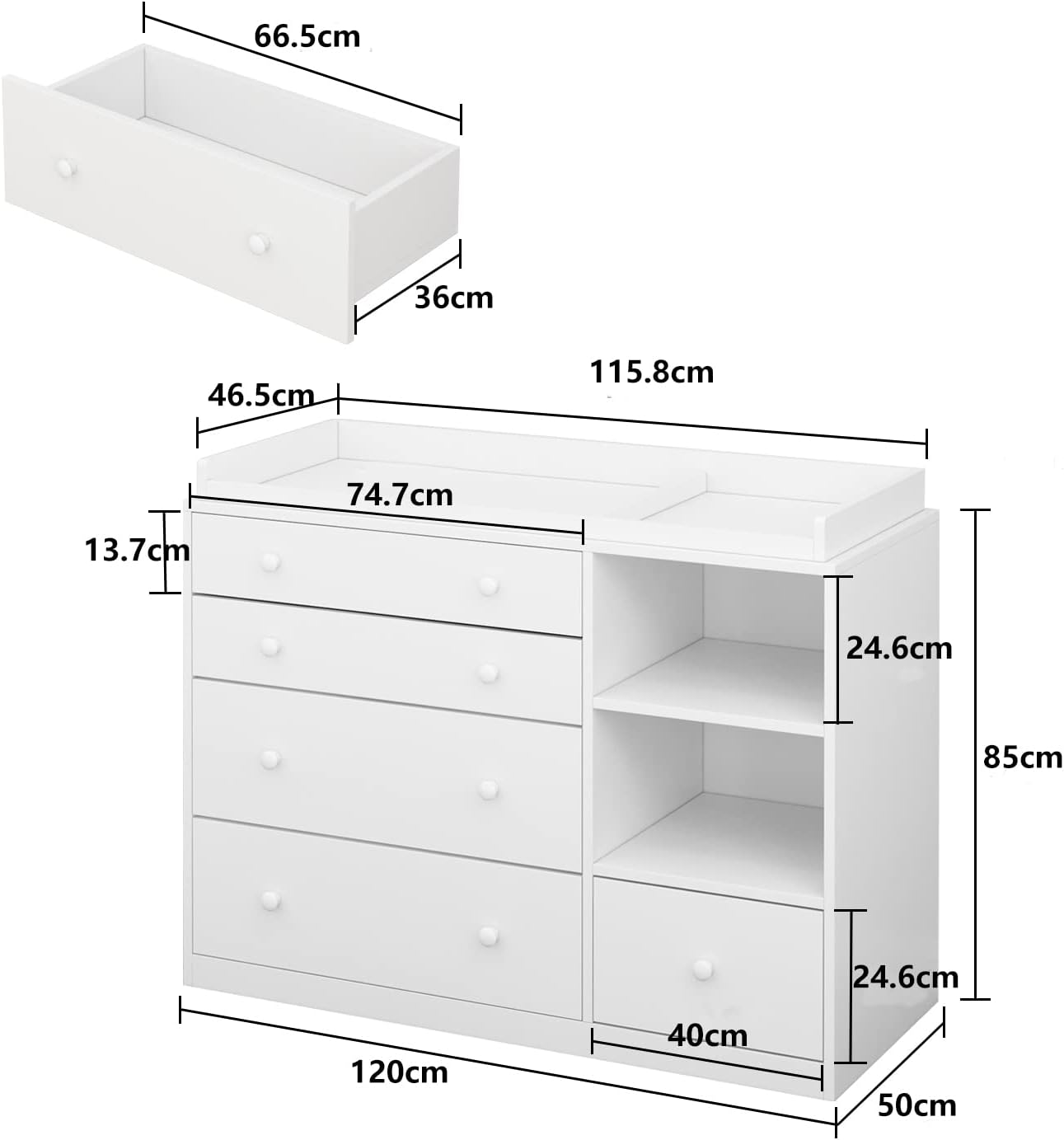 Meuble à Langer pour bébé,Table à langer,Commode,Compartiments ouverts,5 tiroirs et étagères,Chambre,Blanche,120x50x91.5cm - 2