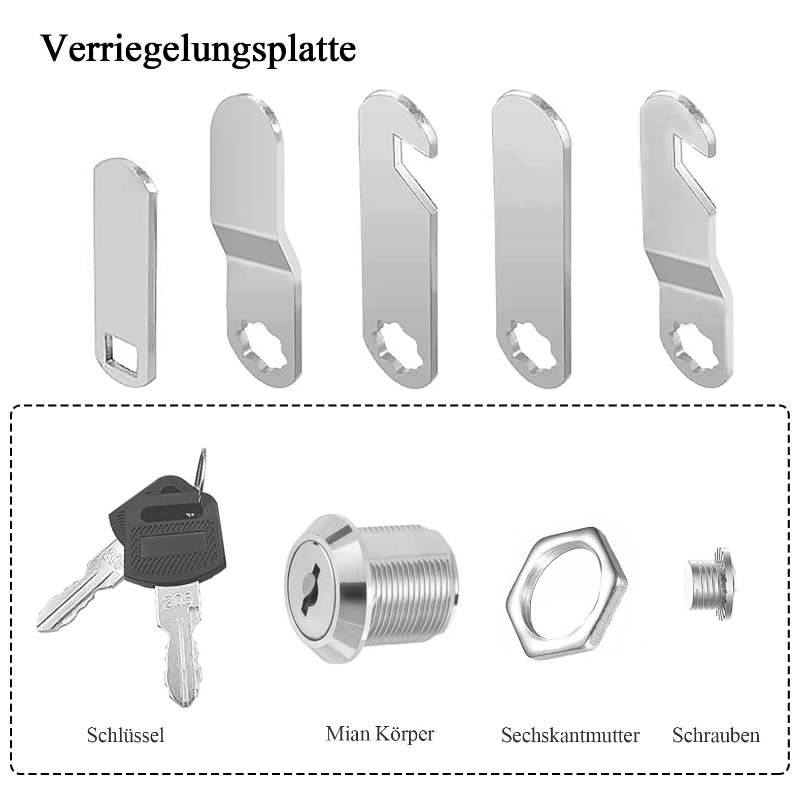 Serratura per cassetta della posta, 20 mm, serratura a camma con 5 piastre diverse e 4 chiavi, serratura per armadietto, serratura per mobili - 3