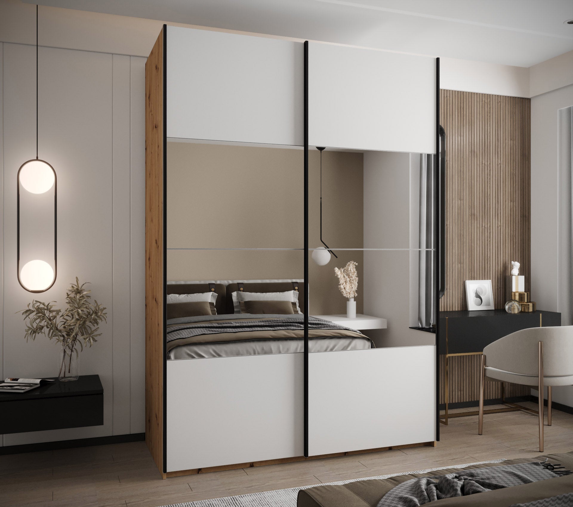 Szafa przesuwna wysoka Lux 4 180 x 64 x 245,5 cm artisan + biały + u. czarny - Abiks Meble - 2