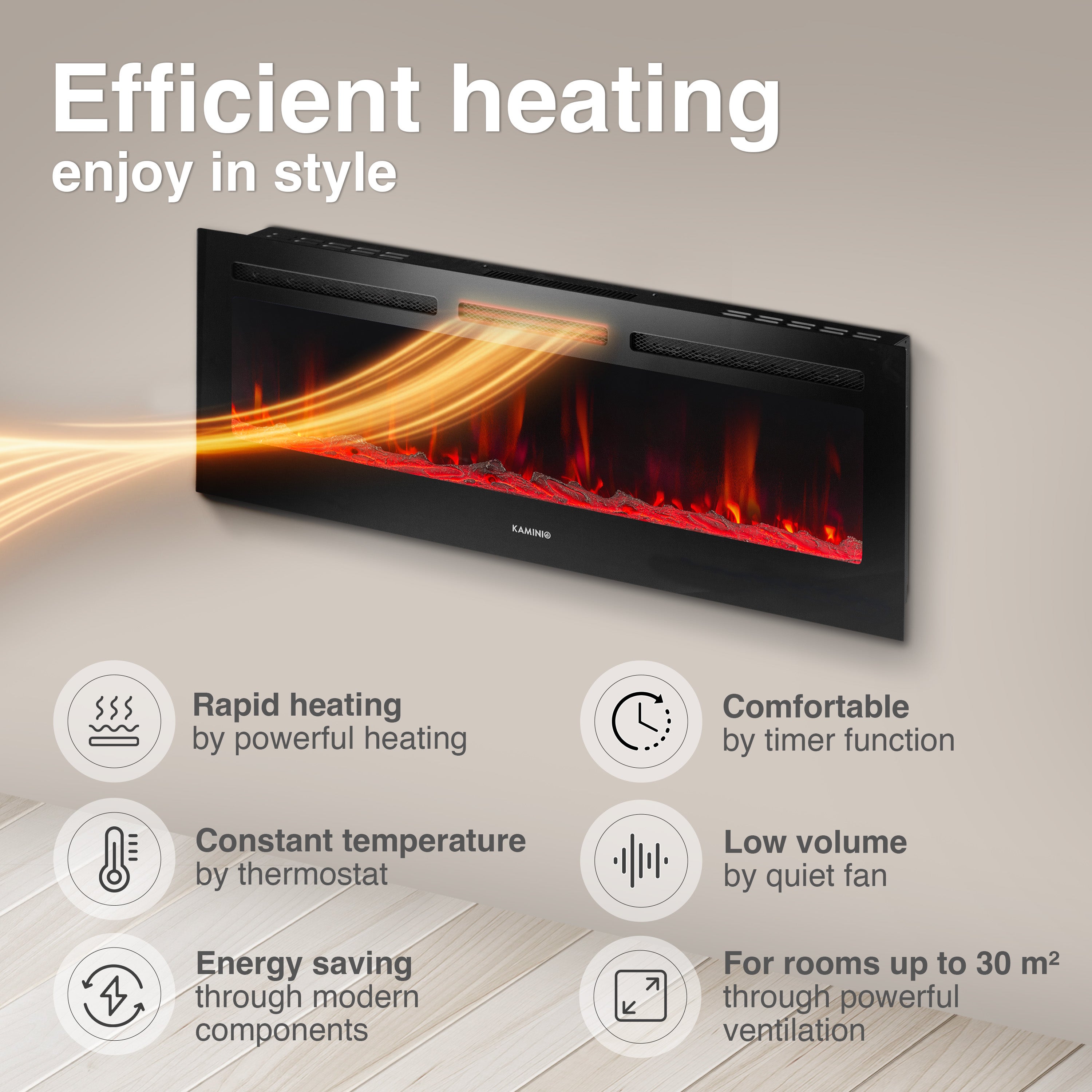KAMINIO Cheminée électrique MARLON - Cheminée électrique 3 en 1 avec chauffage, effet flamme 3D, 12 couleurs de flamme, télécommande - 60 pouces - 4