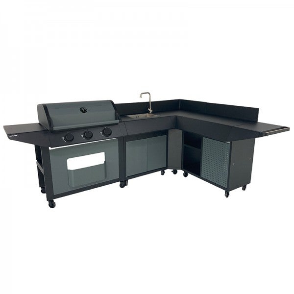 Cuisine extérieure BURN 3B avec barbecue gaz 3 brûleurs, évier, desserte et module d’angle Cook in Garden