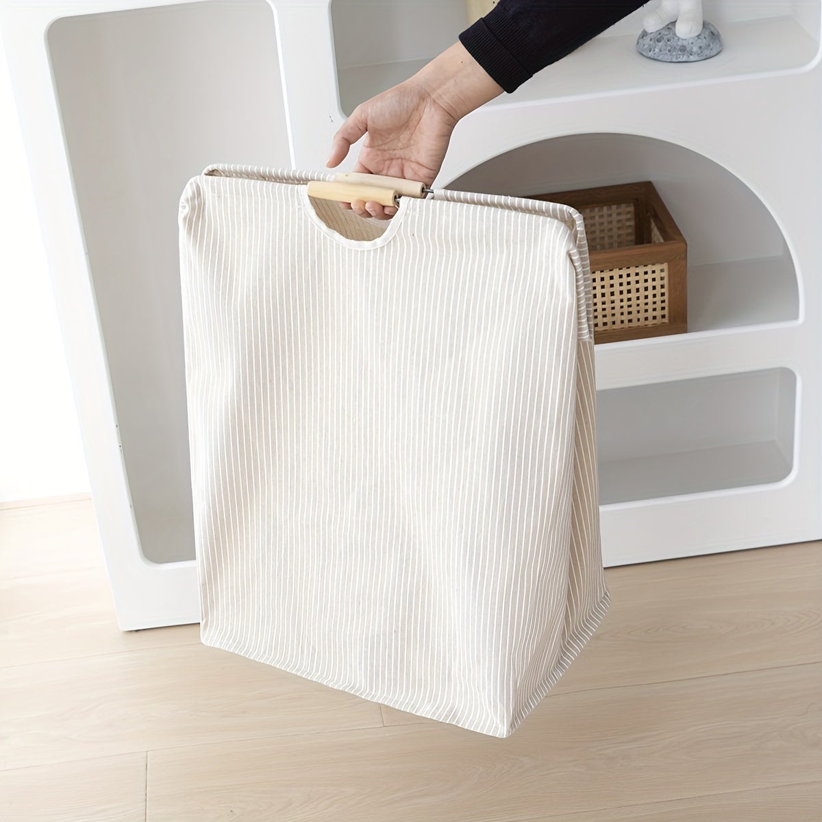 1 panier à linge carré avec poignée, sac de rangement pliable, panier de rangement pour vêtements, lin beige, 40 x 27 x 53 cm - 7