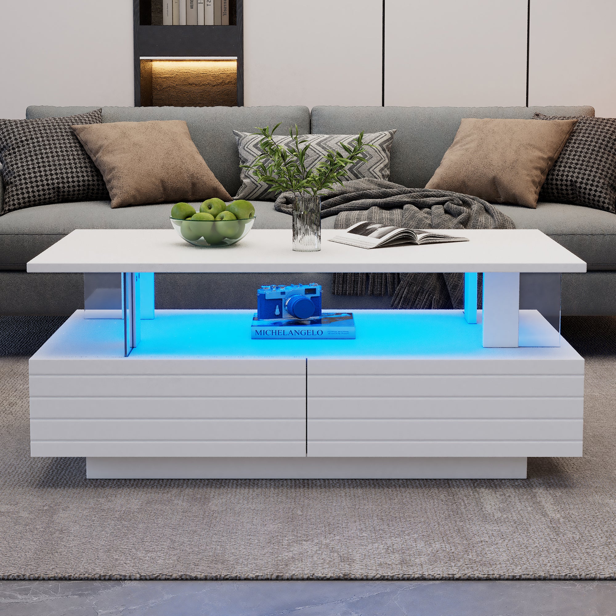 Table basse LED blanche avec fonction de stockage – Design en acrylique ...
