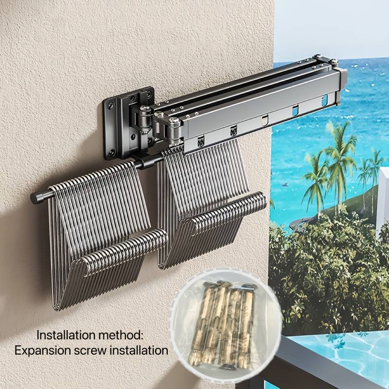 Étendoir à linge mural pliable 128,5 cm, installation sans perçage ou à vis, anti-vent et résistant, pour balcon et salle de bain - 7