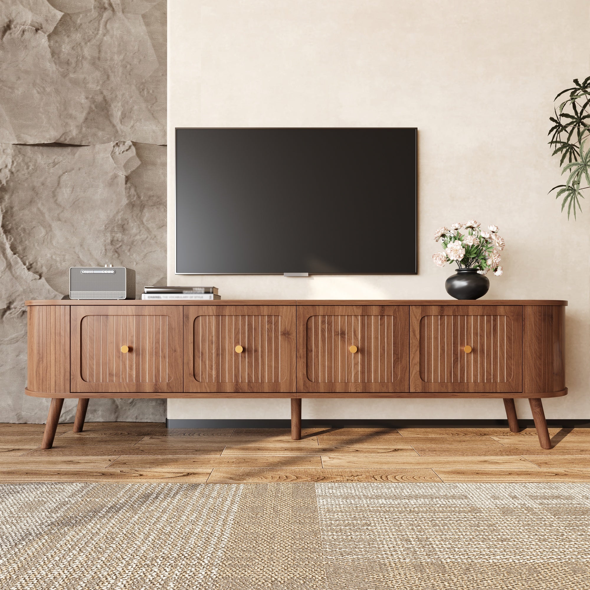 Nowoczesna szafka pod telewizor z 4 opuszczanymi drzwiami - Płyta wiórowa + MDF - Nogi drewniane - 180 x 38 x 47 cm - Orzech