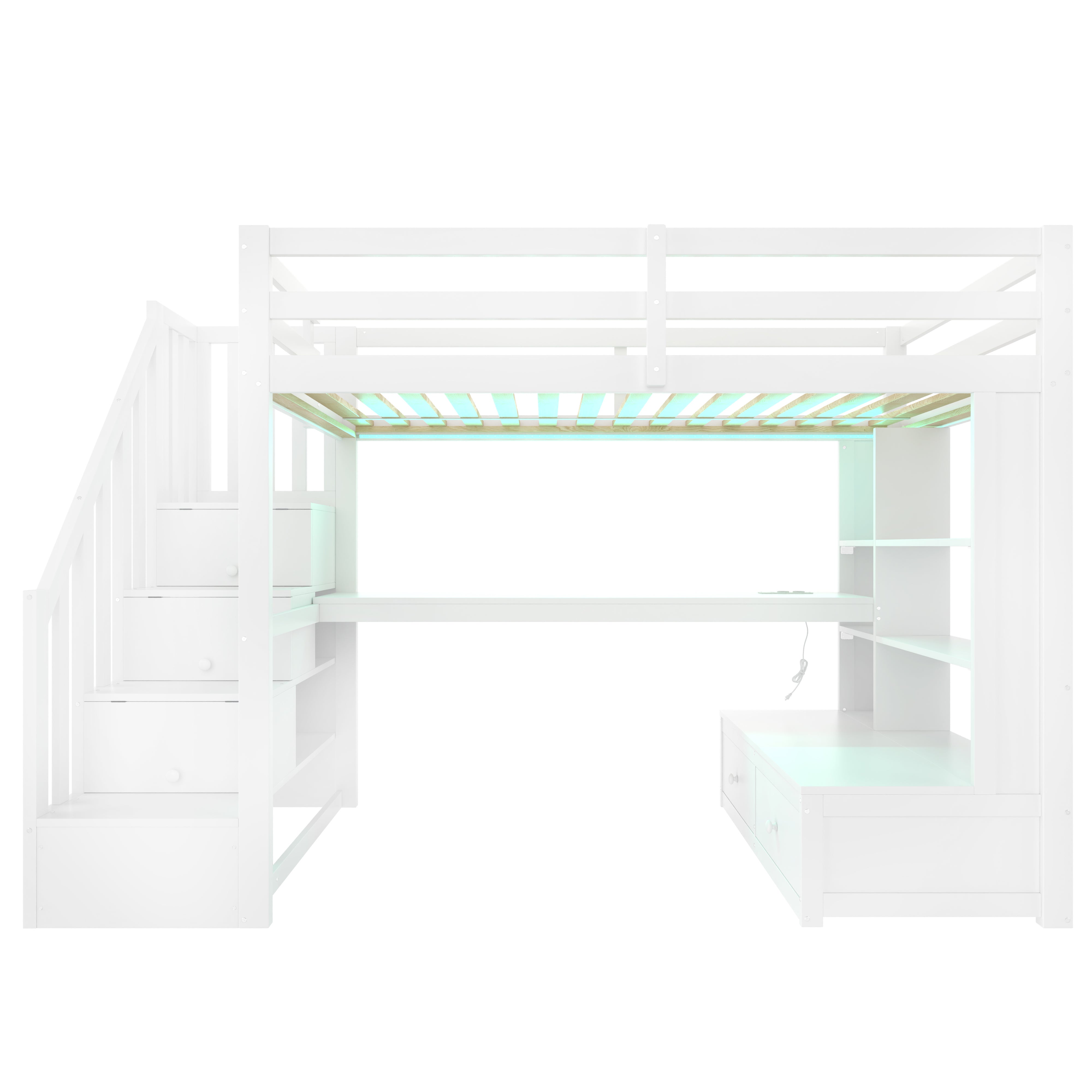 Lit Mezzanine 90x200 avec Bureau & Étagères, Lit Enfant Escalier de Rangement & 2 Tiroirs, Gain de Place Robuste pour Chambre, Épuré - Blanc - 9