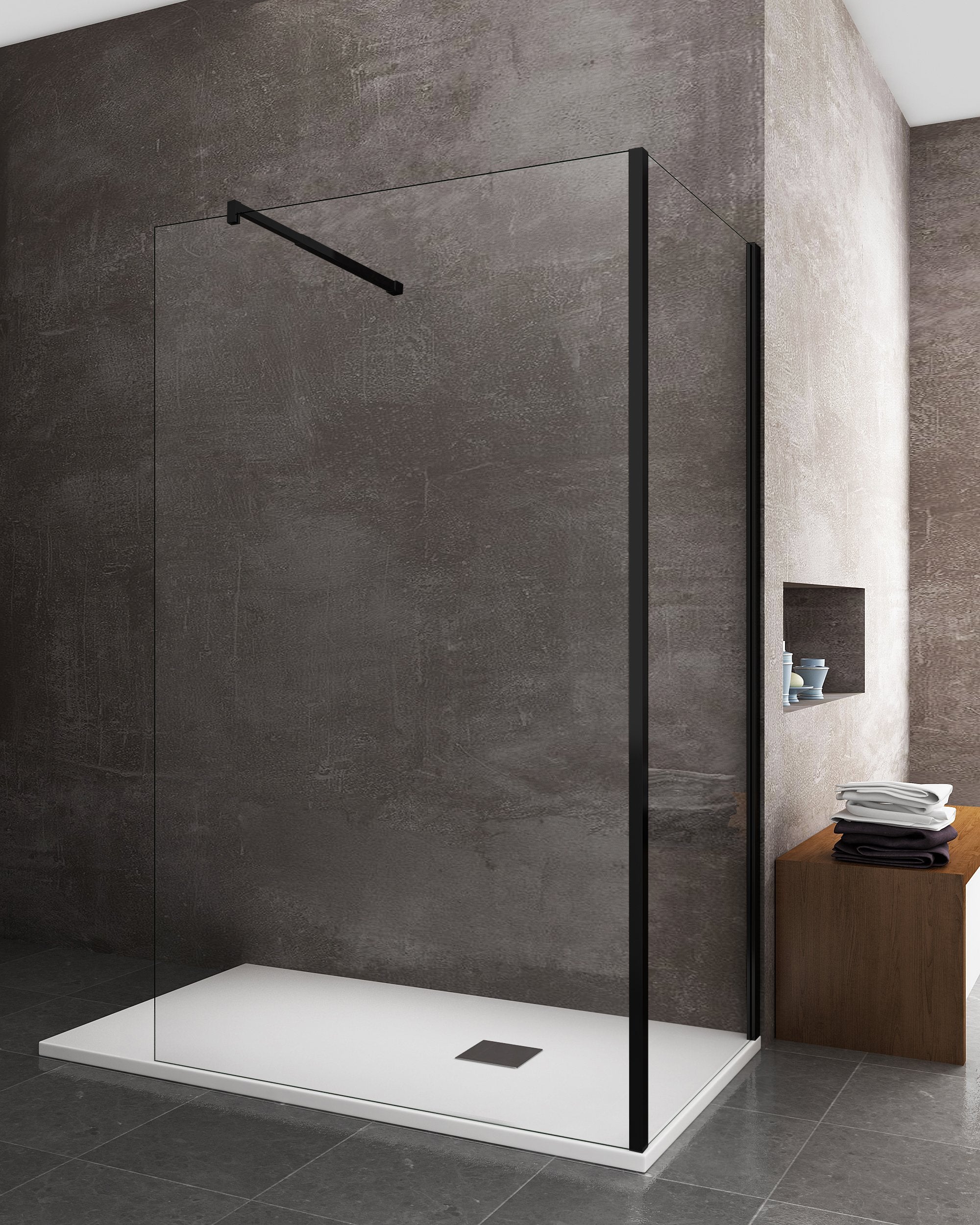 Parete Doccia Angolare walk-in h 200 vetro 8MM trasparente Telaio Nero con Accessori - 75X100 REVERSIBILE - 2