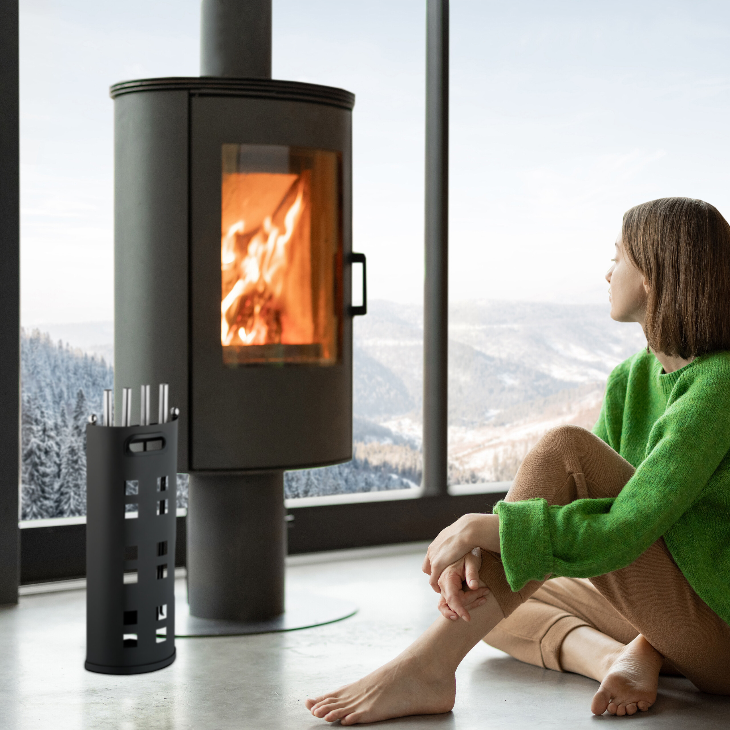 Relaxdays Couverts à cheminée, 5 pièces, serviteur, tisonnier, pelle à cendres, balai, pince & support moderne, noir - 3