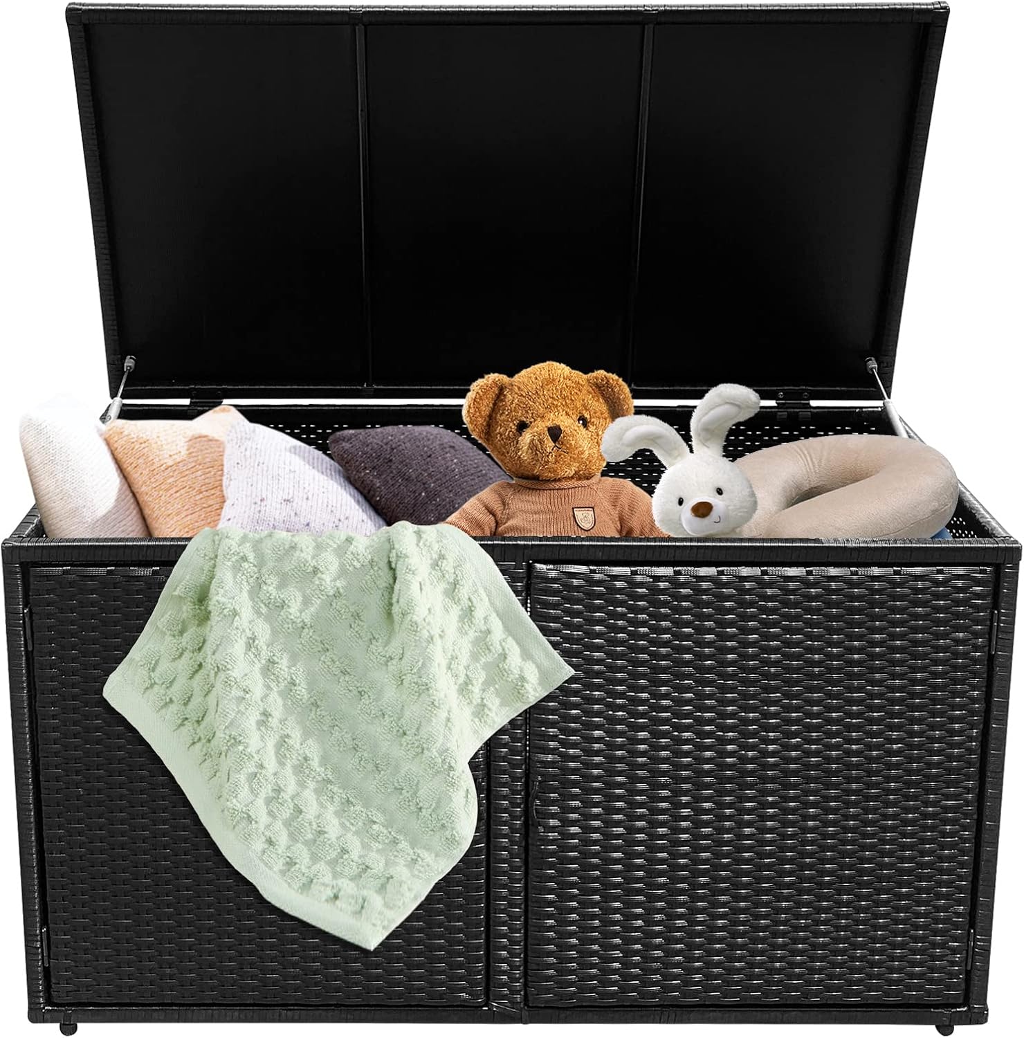 Skrzynia do Przechowywania 333 l z Żywicy, Skrzynia do Przechowywania z Rattanu z 2 Poziomami, Pokrywą i Podwójnymi Drzwiami, 60 x 115 x 65 cm, Czarna