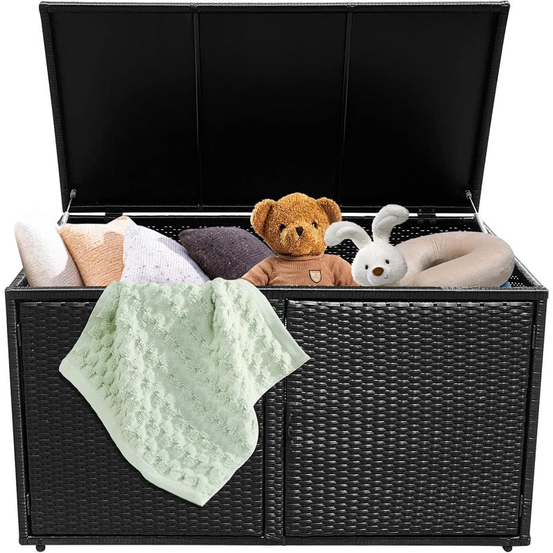 Skrzynia do Przechowywania 333 l z Żywicy, Skrzynia do Przechowywania z Rattanu z 2 Poziomami, Pokrywą i Podwójnymi Drzwiami, 60 x 115 x 65 cm, Czarna