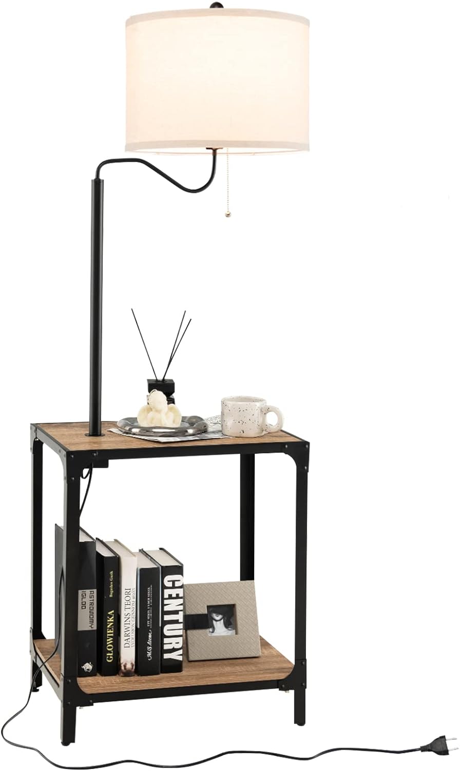 Lampa Regałowa z Obrotowym Ramieniem 360°, Lampa Salonowa na Stojaku z Lnianym Abażurem, Lampa Stojąca ze Stolikiem, Porty USB do Ładowania 144 cm