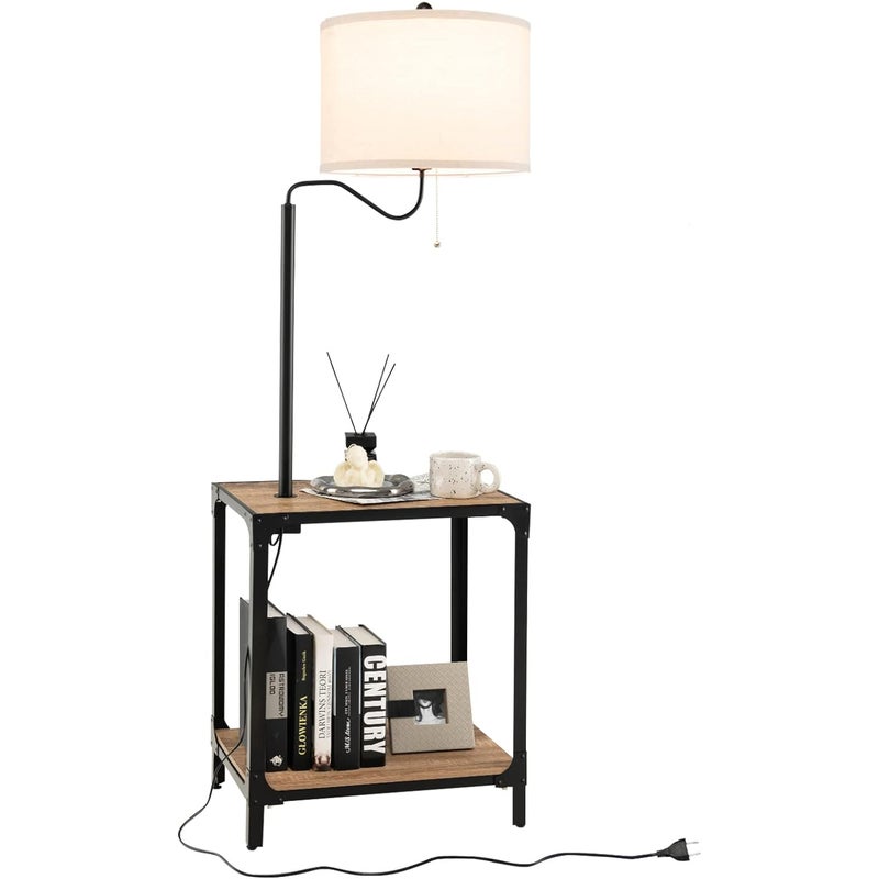 Lampa Regałowa z Obrotowym Ramieniem 360°, Lampa Salonowa na Stojaku z Lnianym Abażurem, Lampa Stojąca ze Stolikiem, Porty USB do Ładowania 144 cm