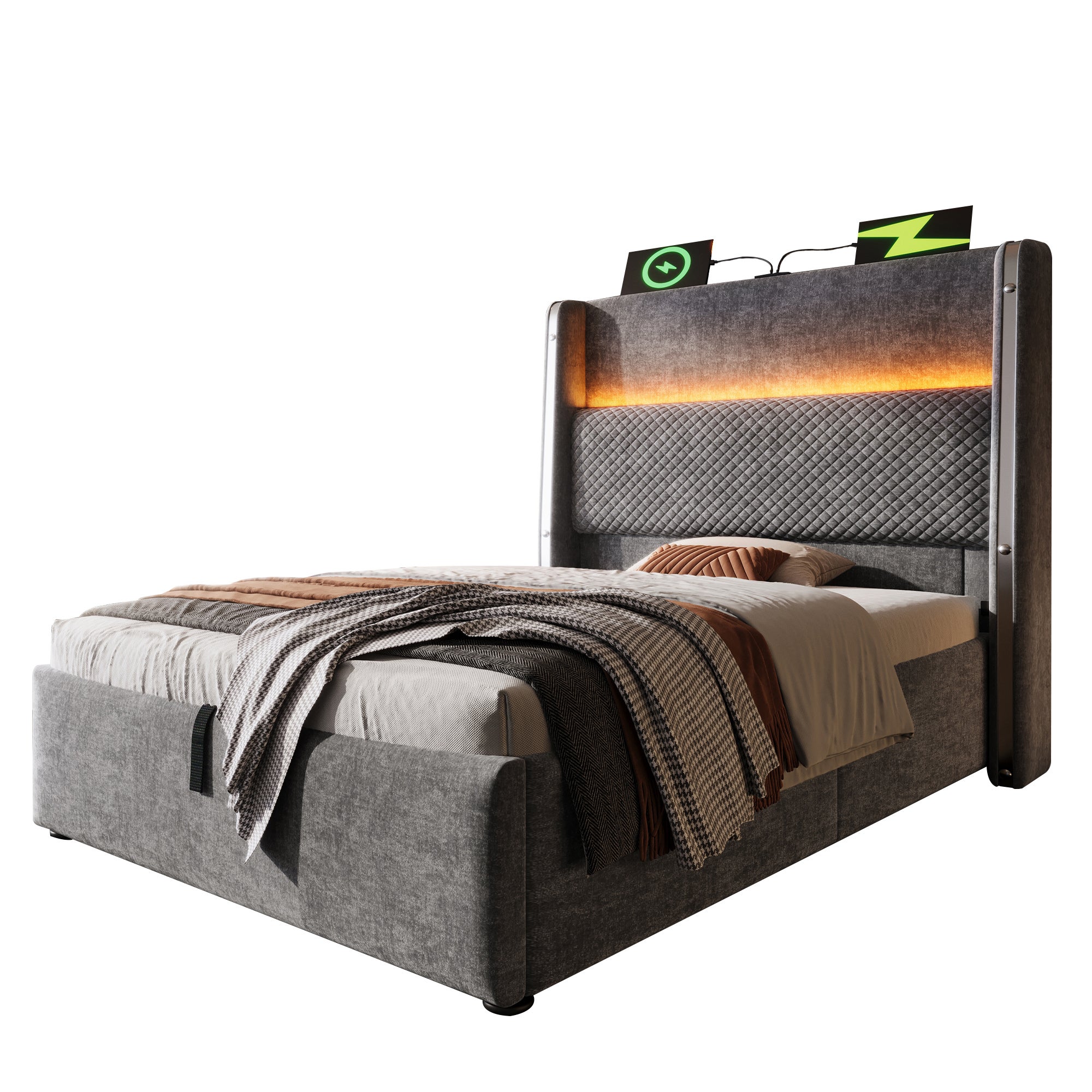 Łóżko tapicerowane 90x200cm, łóżko pojedyncze z oświetleniem LED, schowkiem i portami USB/Type-C, len, kolor szary, bez materaca - 6