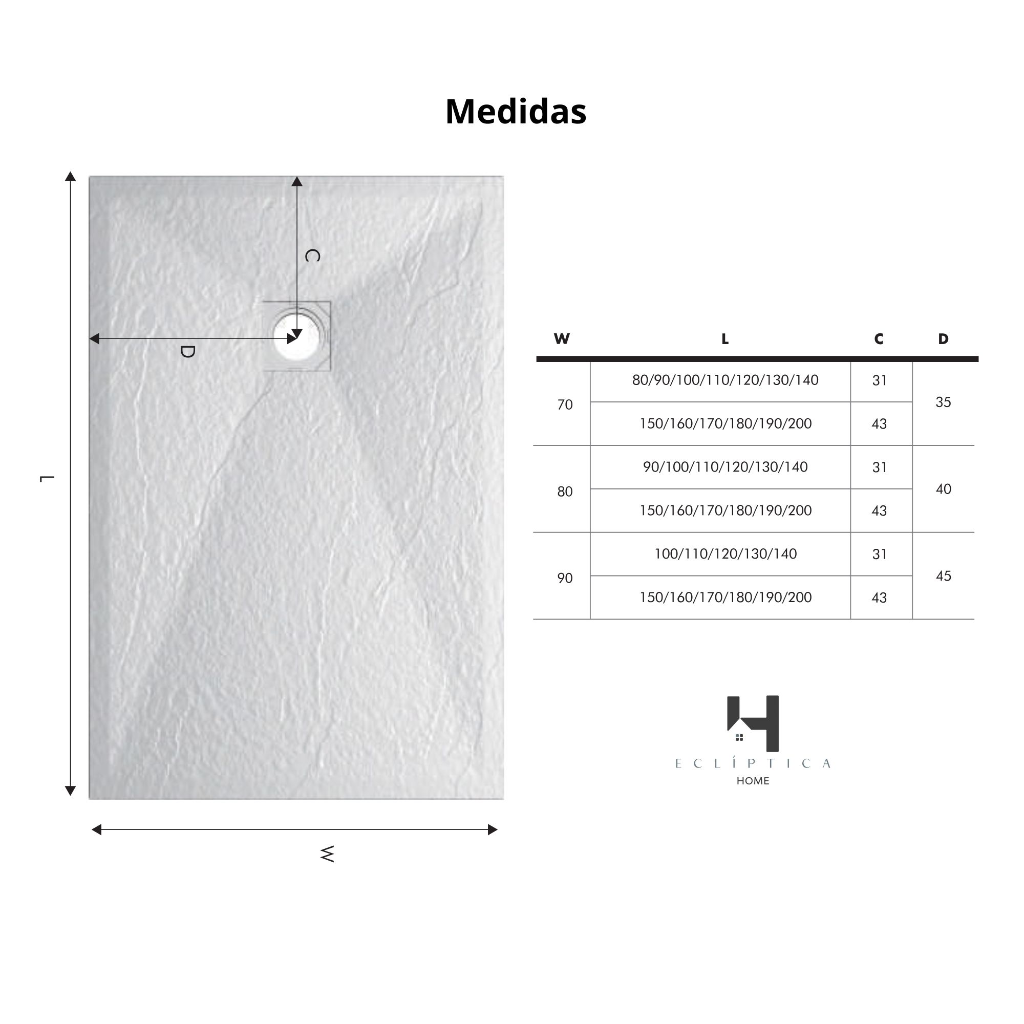 Plato Ducha Resina TITAN- Antideslizante Extraplano Ultraligero Textura pizarra Color Blanco 70X140 CM-Valvula+Rejilla Inox - 6