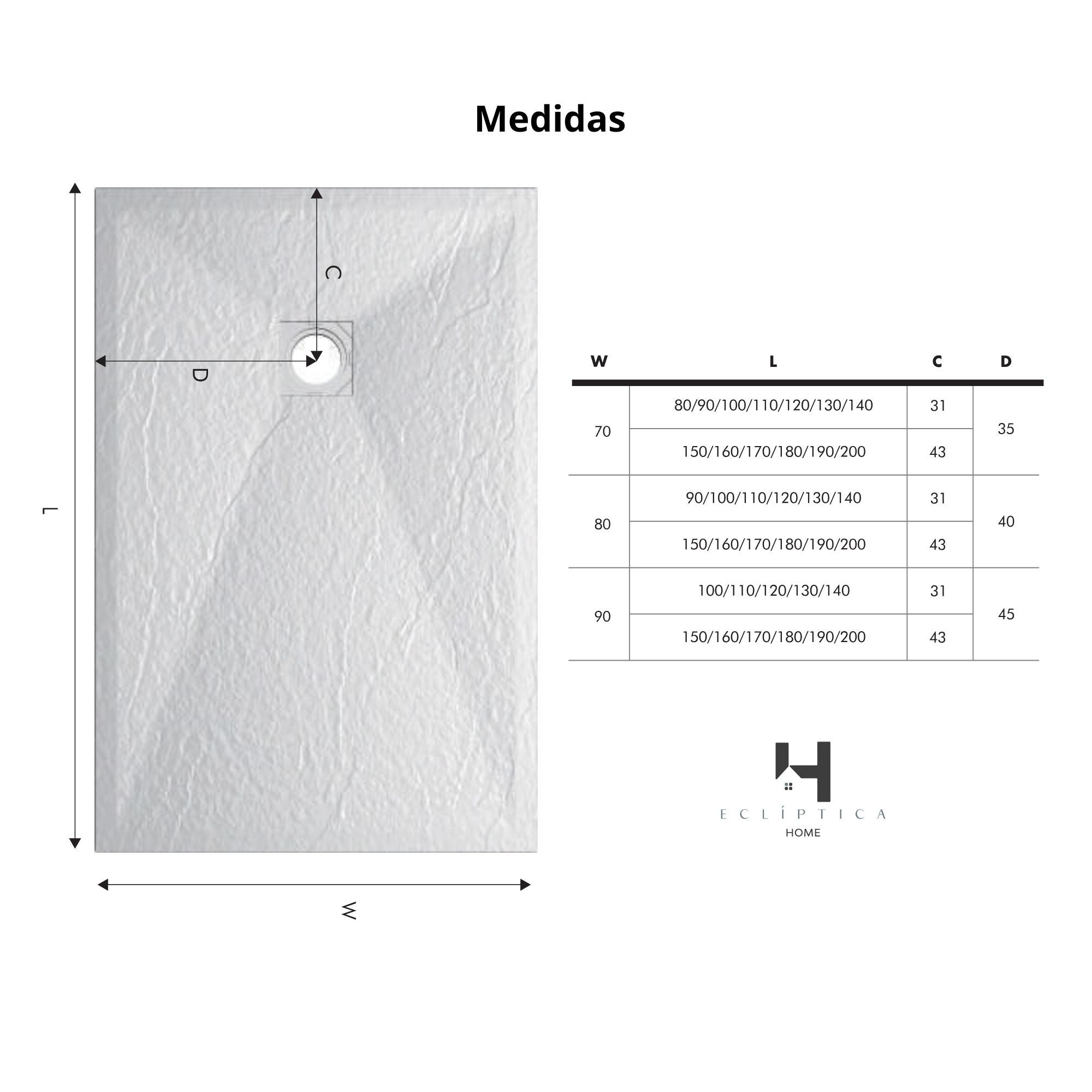 Plato Ducha Resina TITAN- Antideslizante Extraplano Ultraligero Textura pizarra Color Blanco 70X130 CM-Valvula+Rejilla Inox - 6