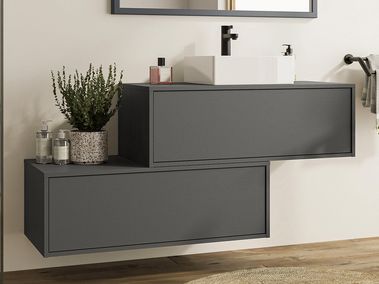 Szafka łazienkowa wisząca antracytowa z umywalką i dwoma szufladami - 94 cm - TEANA II