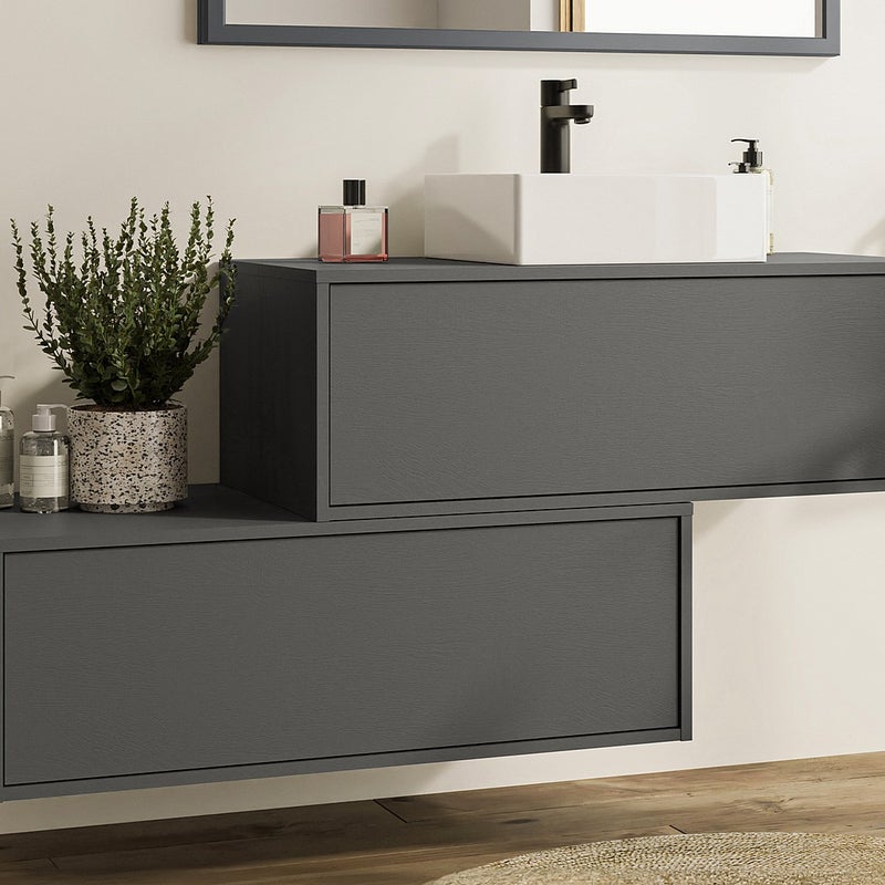 Szafka łazienkowa wisząca antracytowa z umywalką i dwoma szufladami - 94 cm - TEANA II