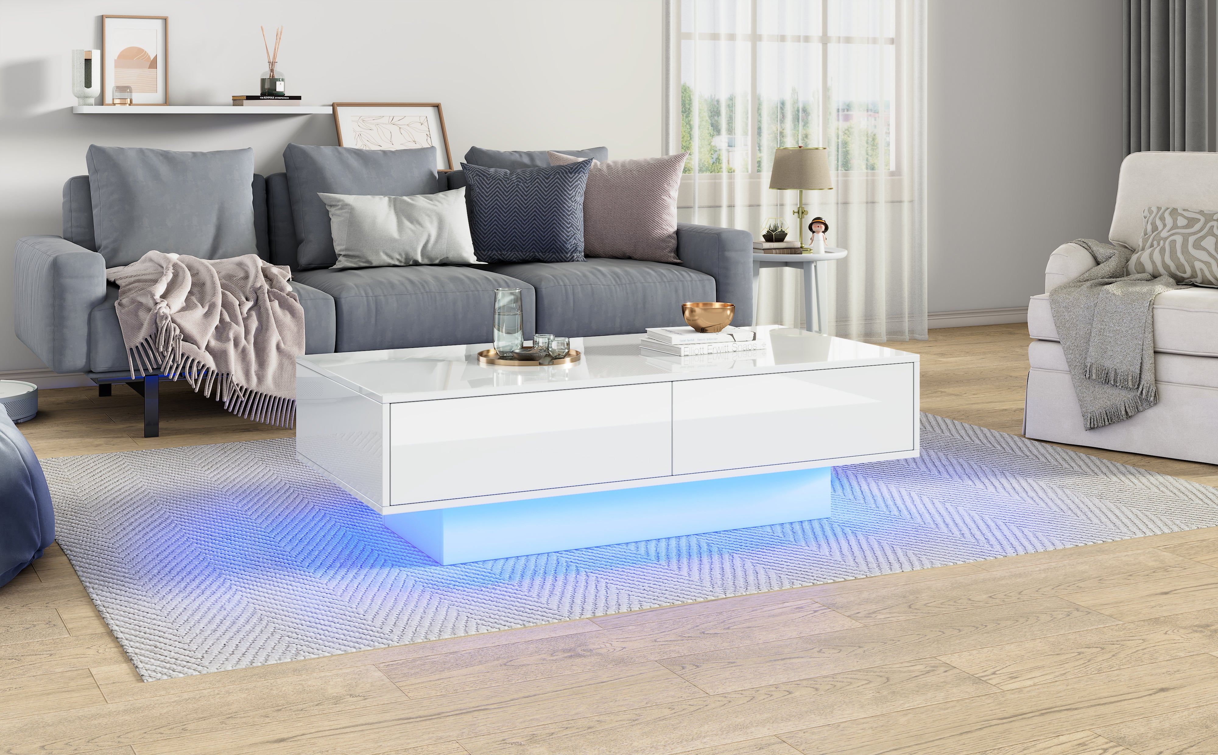 Table basse moderne laquée blanche brillante, 115 x 55 x 34 cm, avec 2 tiroirs, éclairage LED– Élégante table de salon - 6