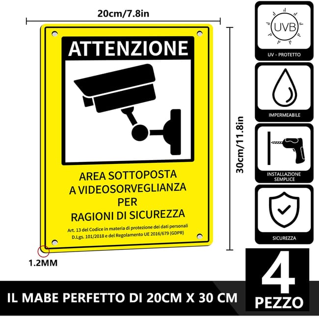 Cartelli Area Videosorvegliata - Set 6 Pezzi 20x30cm PVC | Conforme GDPR 2020 - Foto 8