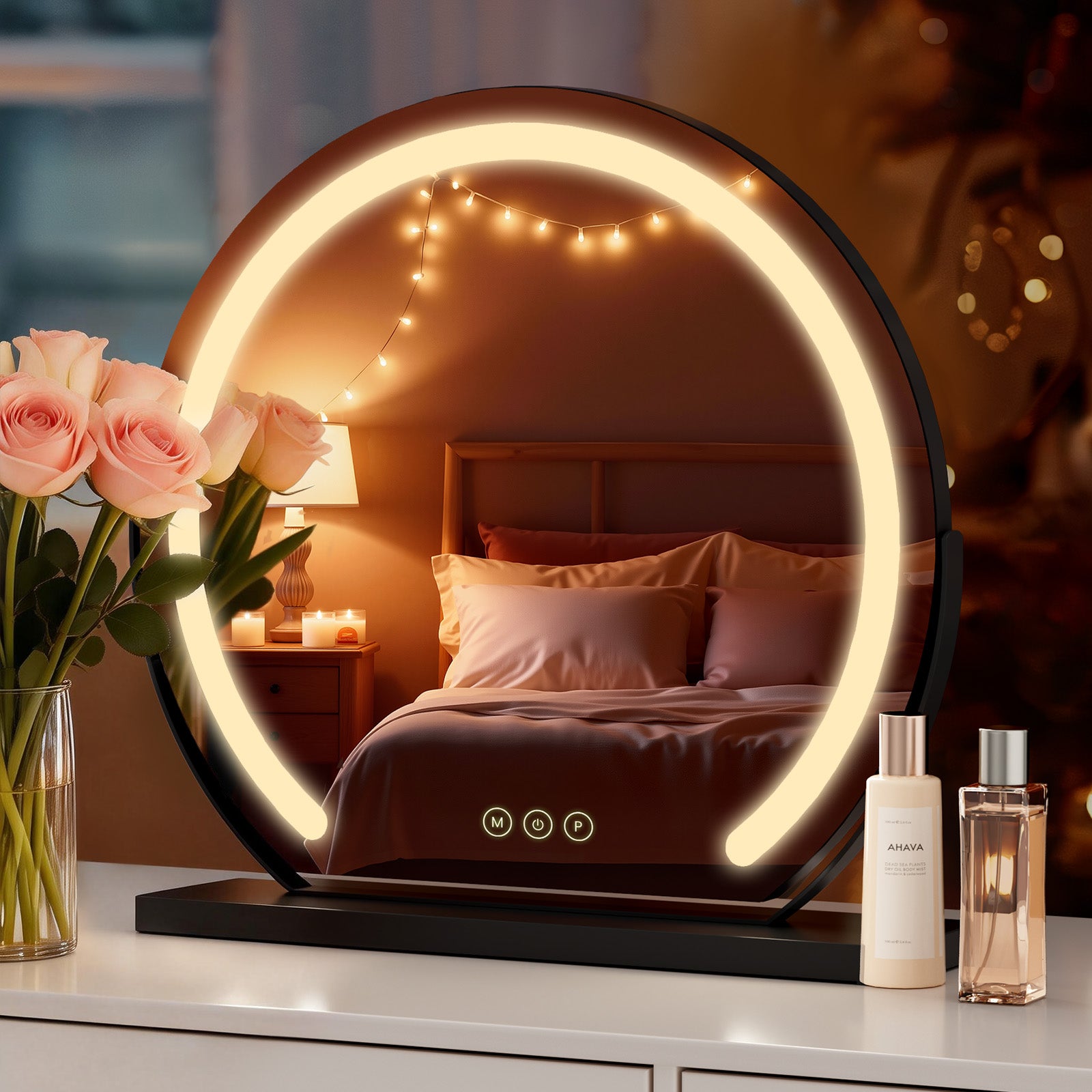 Lustro do makijażu LED okrągłe Φ50 cm z oświetleniem, 3 kolory światła, dotykowy włącznik, regulowana jasność i funkcja pamięci, czarna rama